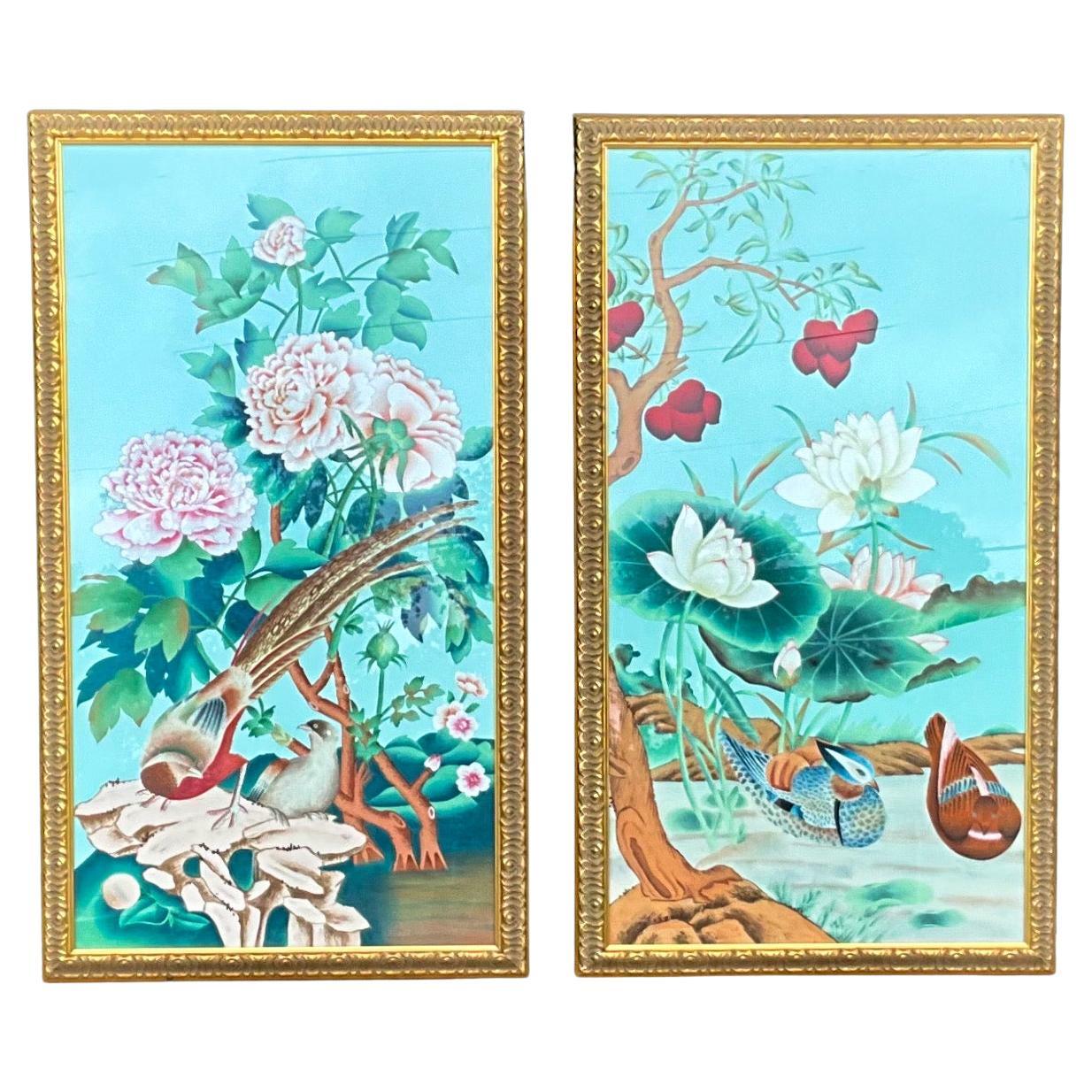 I love the vibrant colors! This is a set of large scale oil paintings hand done on silk by Chelsea House. They are Asian inspired with their birds on branches surrounded by fruit and lotus blossoms. They are nicely framed in giltwood frames. The