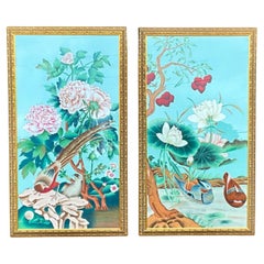 Large Asian Oil on Silk Paintings by Chelsea House, Floral, Bird, Botanical S/2