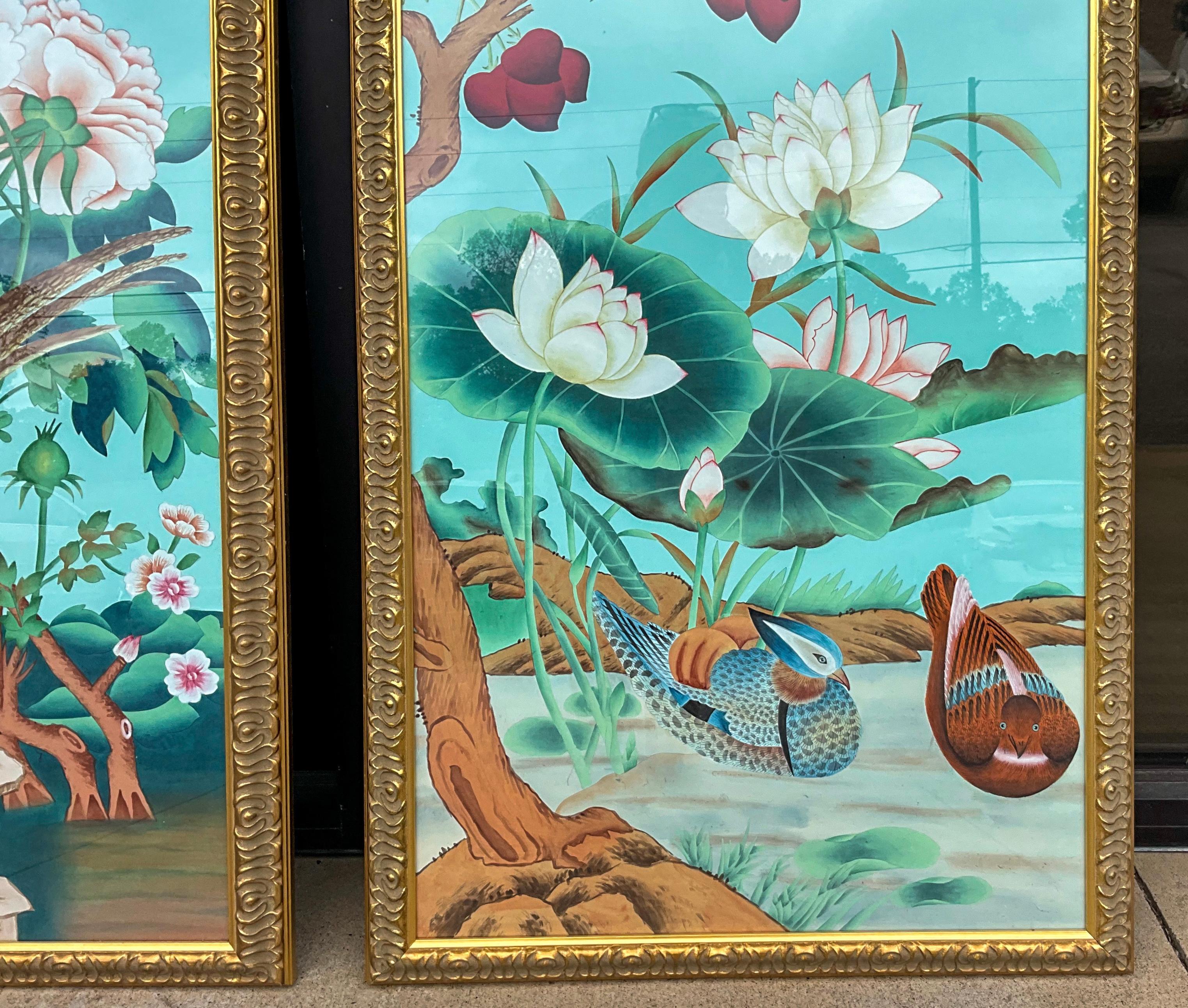 Chinese Export Large Asian Oil on Silk Paintings by Chelsea House, Floral, Bird, Botanical S/2 For Sale