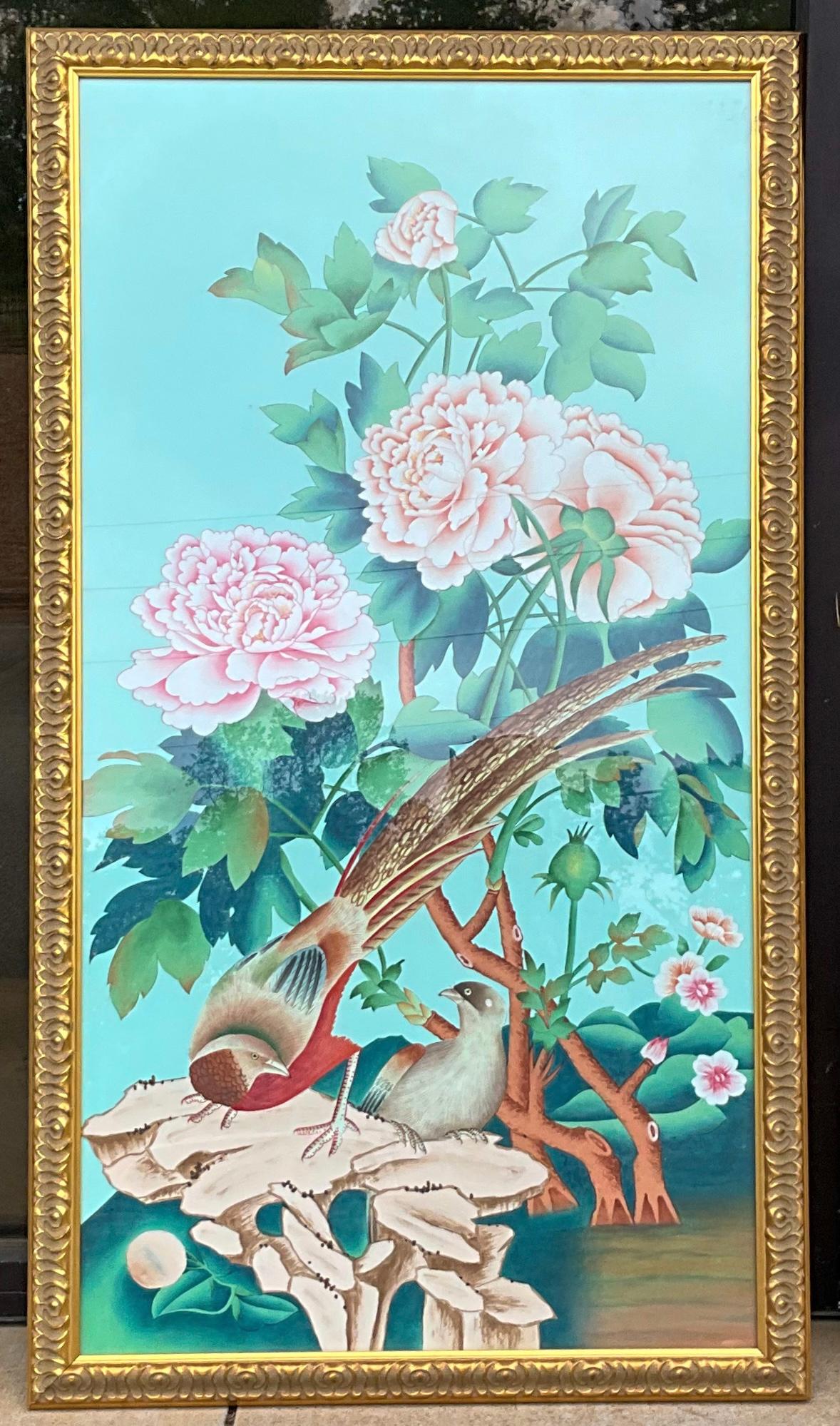 Large Asian Oil on Silk Paintings by Chelsea House, Floral, Bird, Botanical S/2 In Good Condition For Sale In Kennesaw, GA
