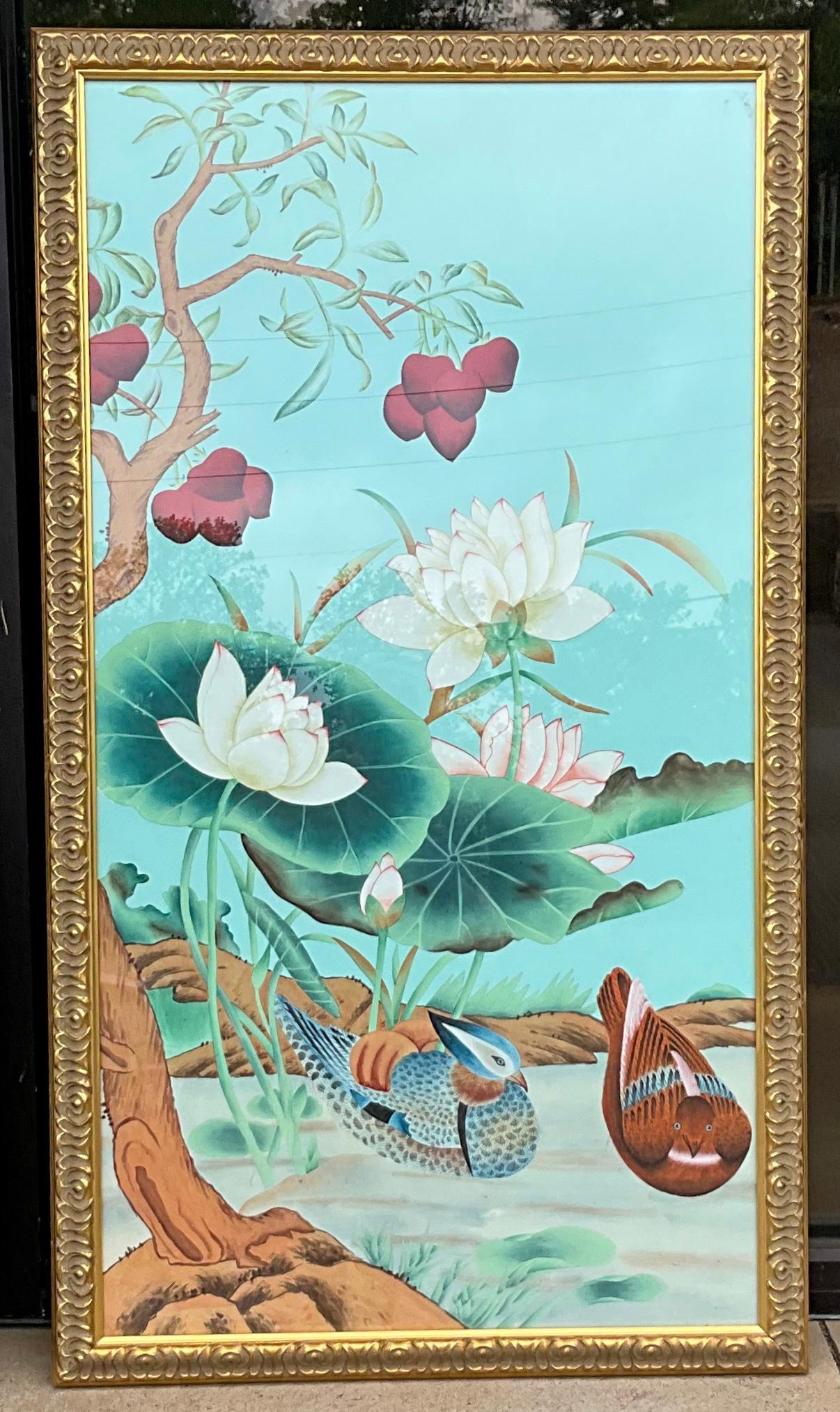 20th Century Large Asian Oil on Silk Paintings by Chelsea House, Floral, Bird, Botanical S/2 For Sale