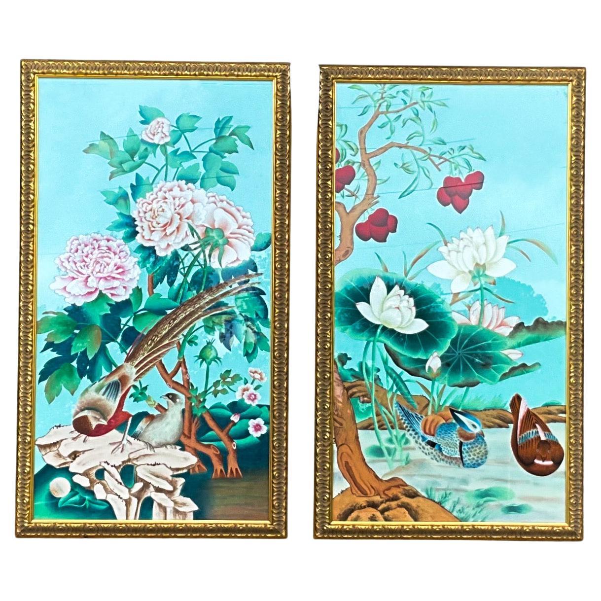 Large Asian Oil on Silk Paintings by Chelsea House, Floral, Bird, Botanical S/2 For Sale