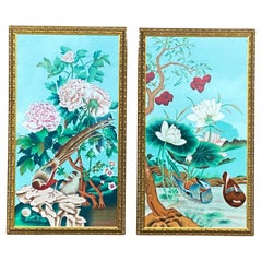 Large Asian Oil on Silk Paintings by Chelsea House, Floral, Bird, Botanical S/2