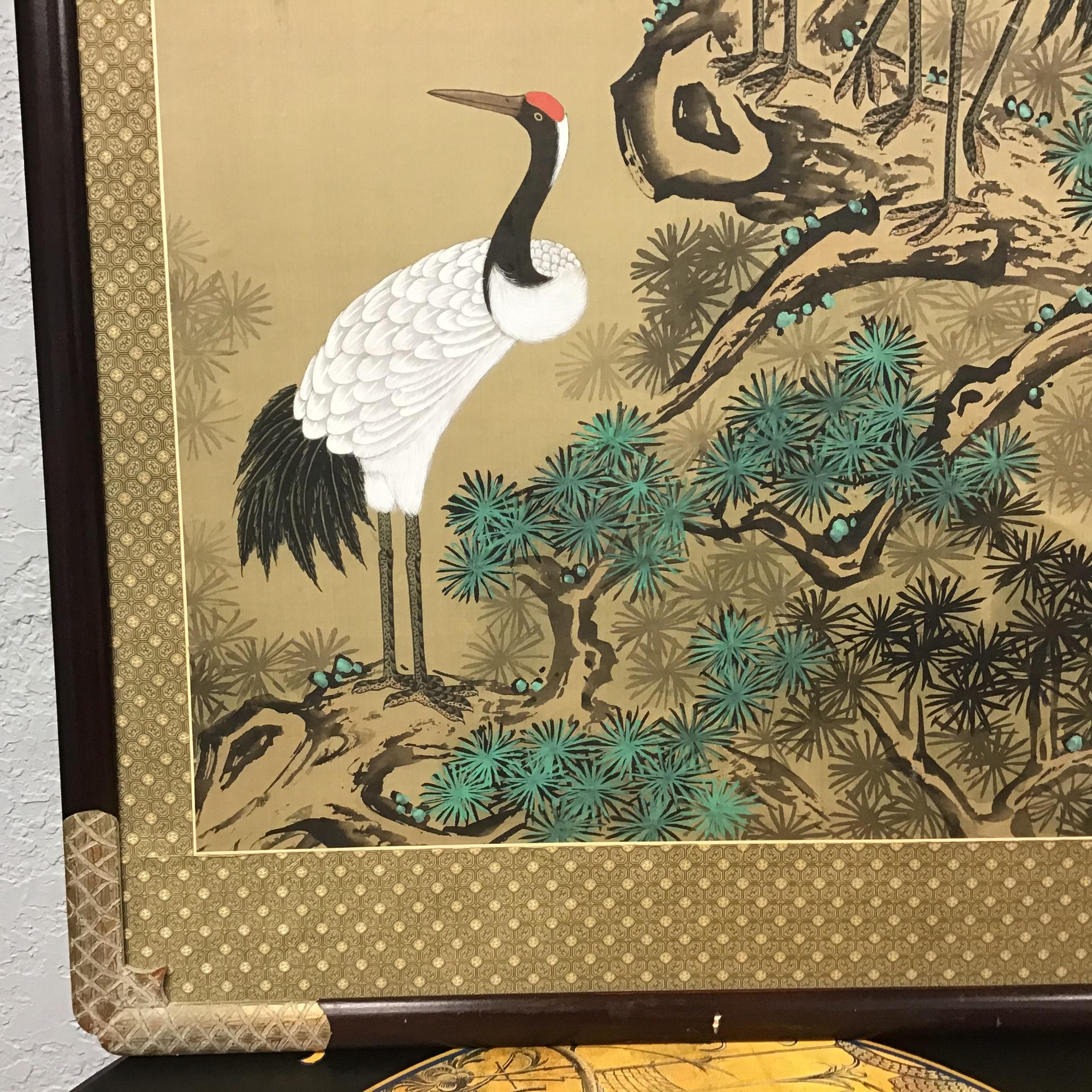 Chinese Export Large Asian Painting of Cranes on Silk