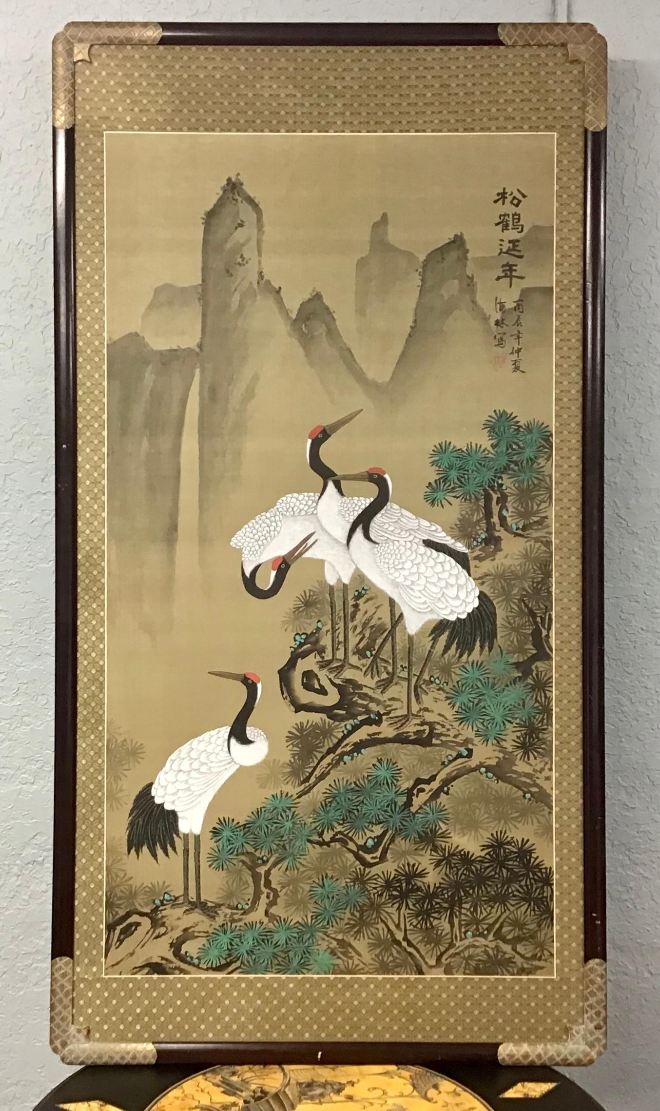 Chinese Large Asian Painting of Cranes on Silk