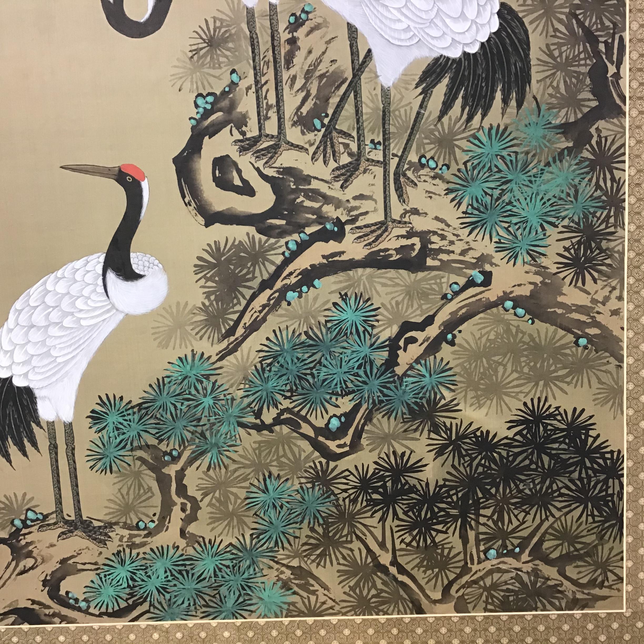 Large Asian Painting of Cranes on Silk In Good Condition In Bradenton, FL