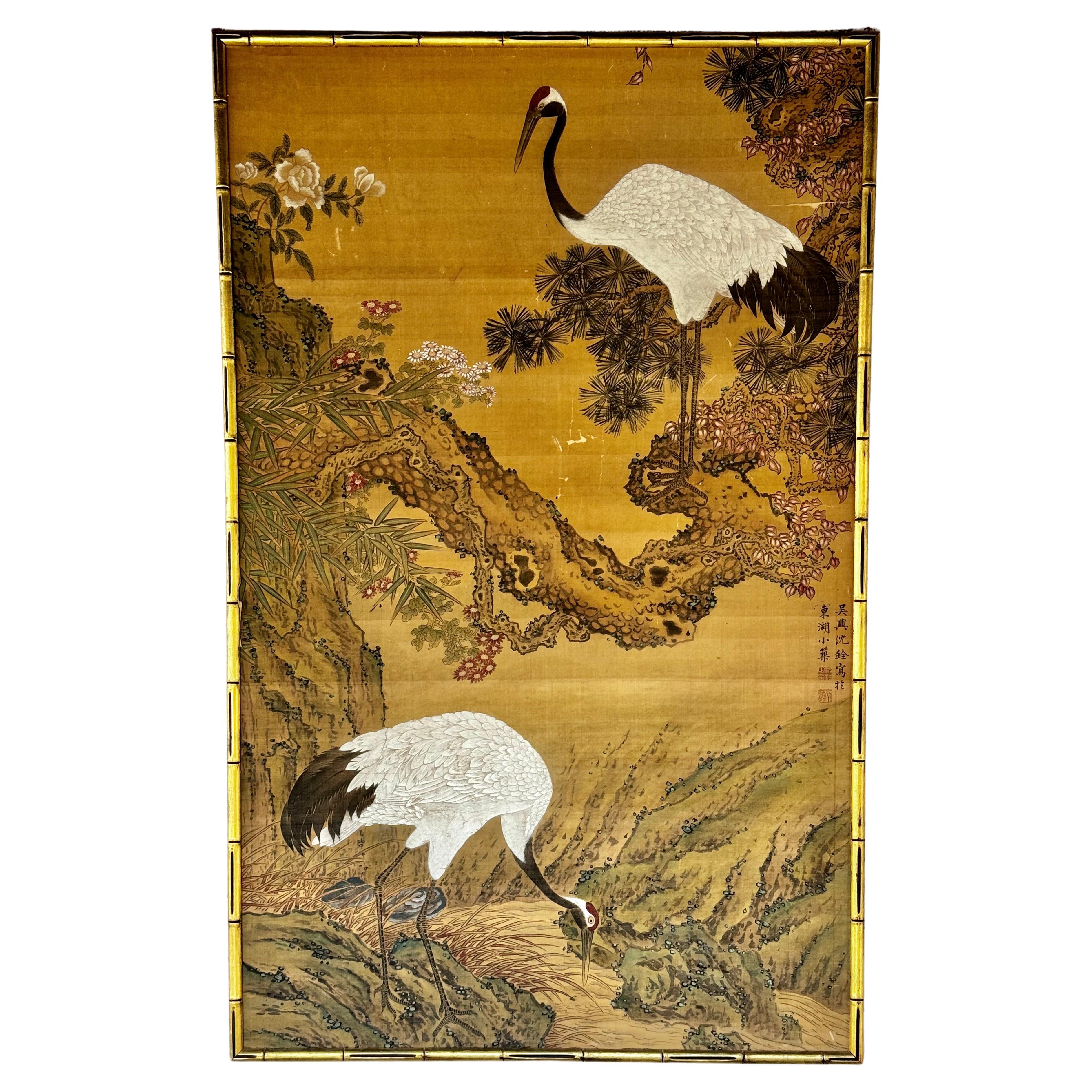 Large Asian Painting  Of Cranes On Silk