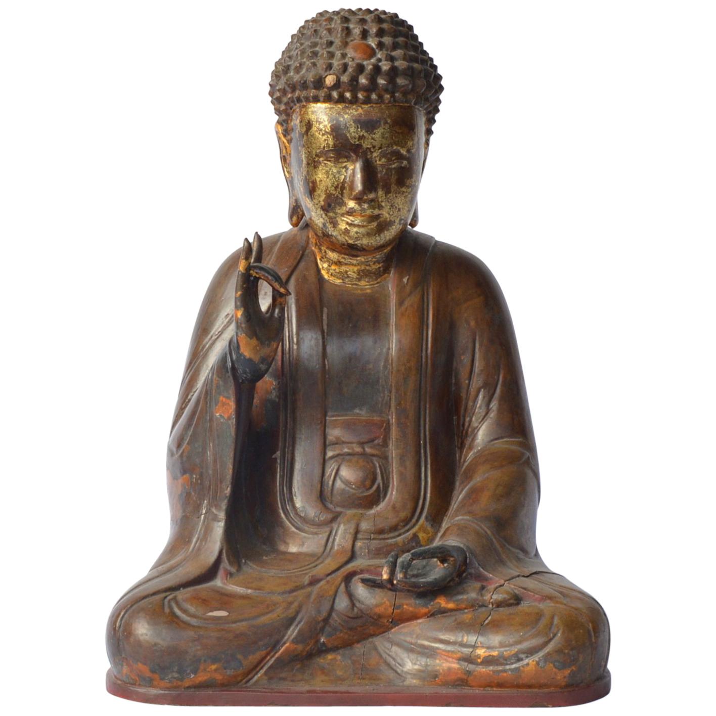 Large Asian Patinated and Gilt Buddha Sculpture For Sale