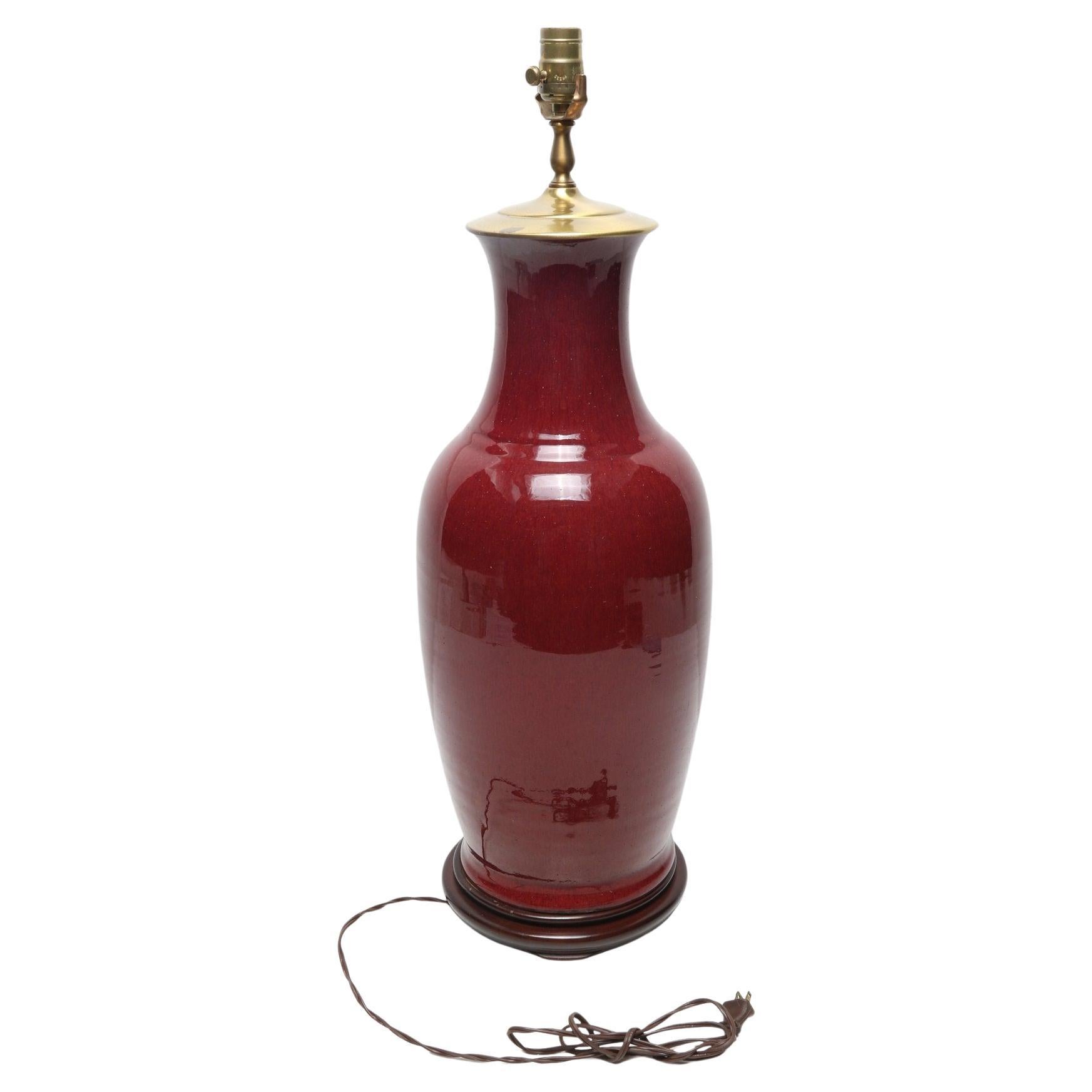 A superb large sang de boeuf or oxblood Chinese Porcelain baluster vase, with vibrant depth of glaze, mounted as a lamp .

dimensions - for vase only -  approx 21 in. H x 10.5 in. W 

note : fine quality , excellent condition , exquisite color

