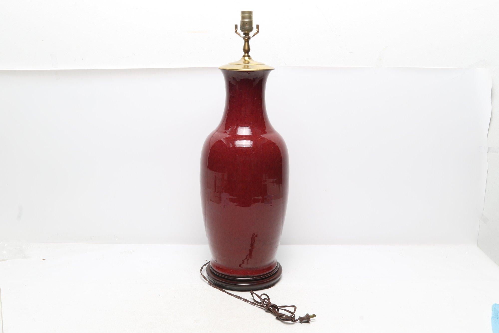 Chinese Large Asian Porcelain Sang de boeuf Vase  mounted as Lamp For Sale