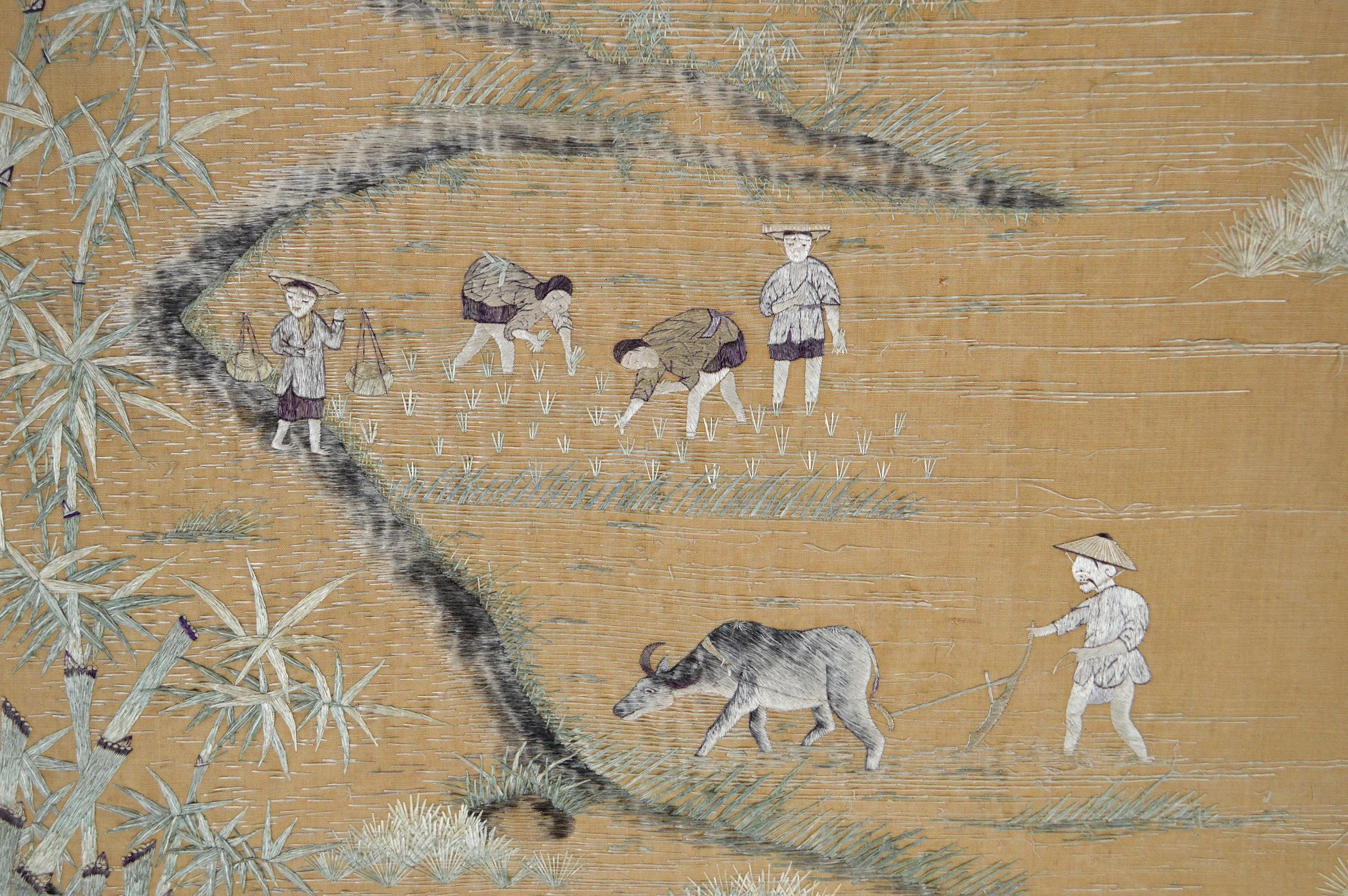 Japonisme Large Asian Silk Embroidery Tapestry, 