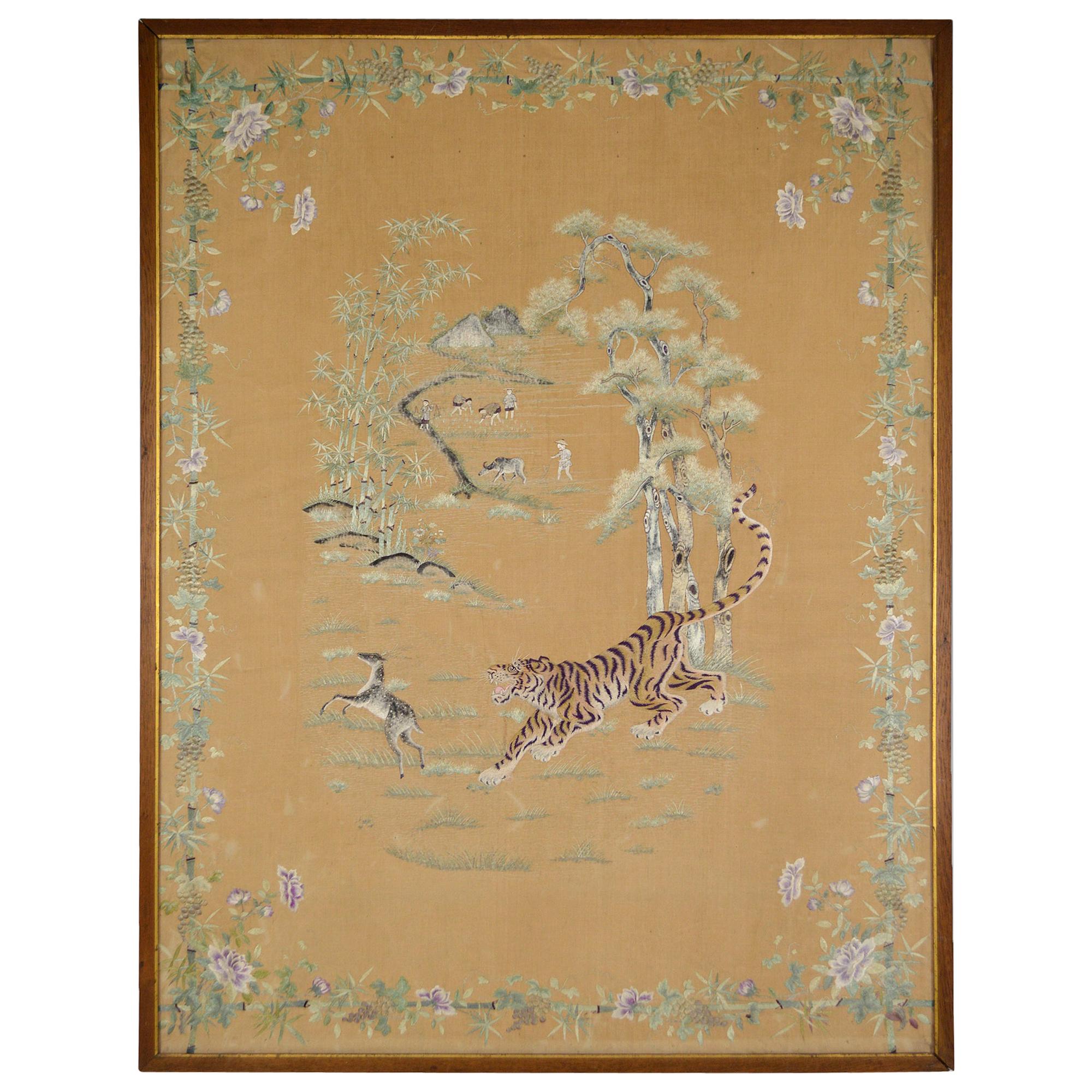 Large Asian Silk Embroidery Tapestry, "Tiger Hunting Deer", Indochina circa 1890 For Sale