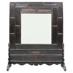 Large Asian Standing Carved and Ebonized Floor Mirror with Gilt Details