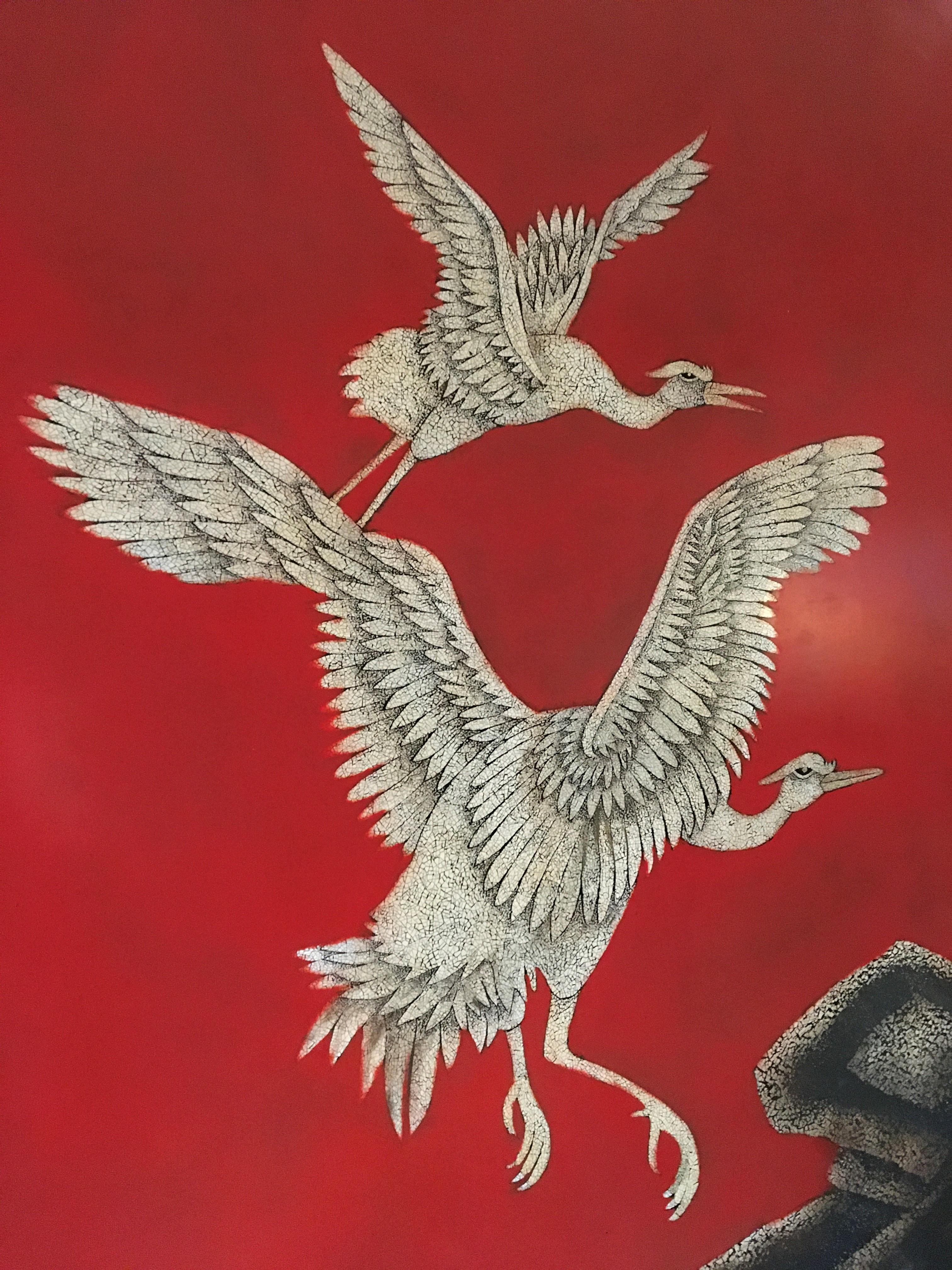 Large Asian Wall Panel with Cranes, 1990s 1