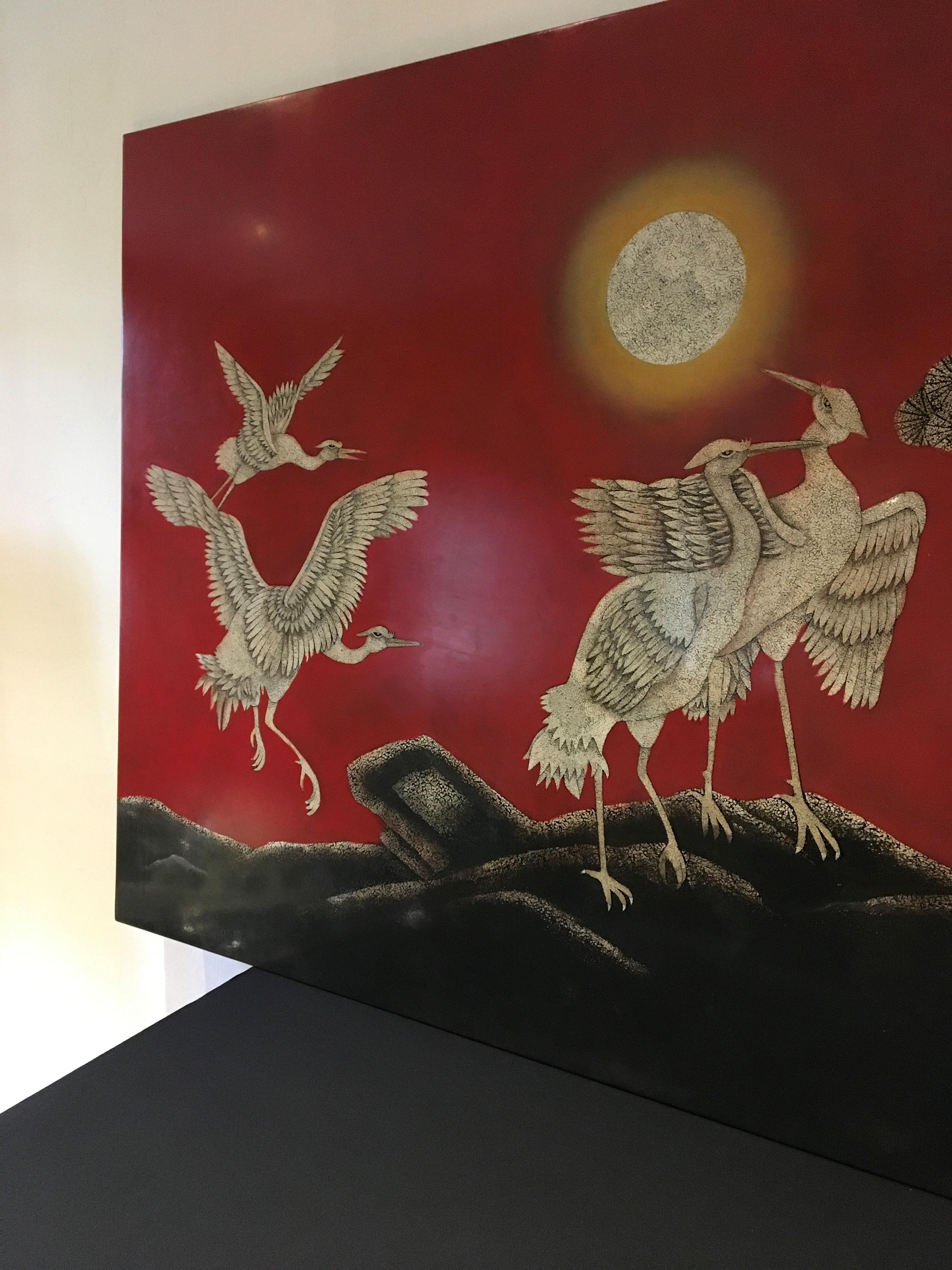 Large Asian Wall Panel with Cranes, 1990s 3