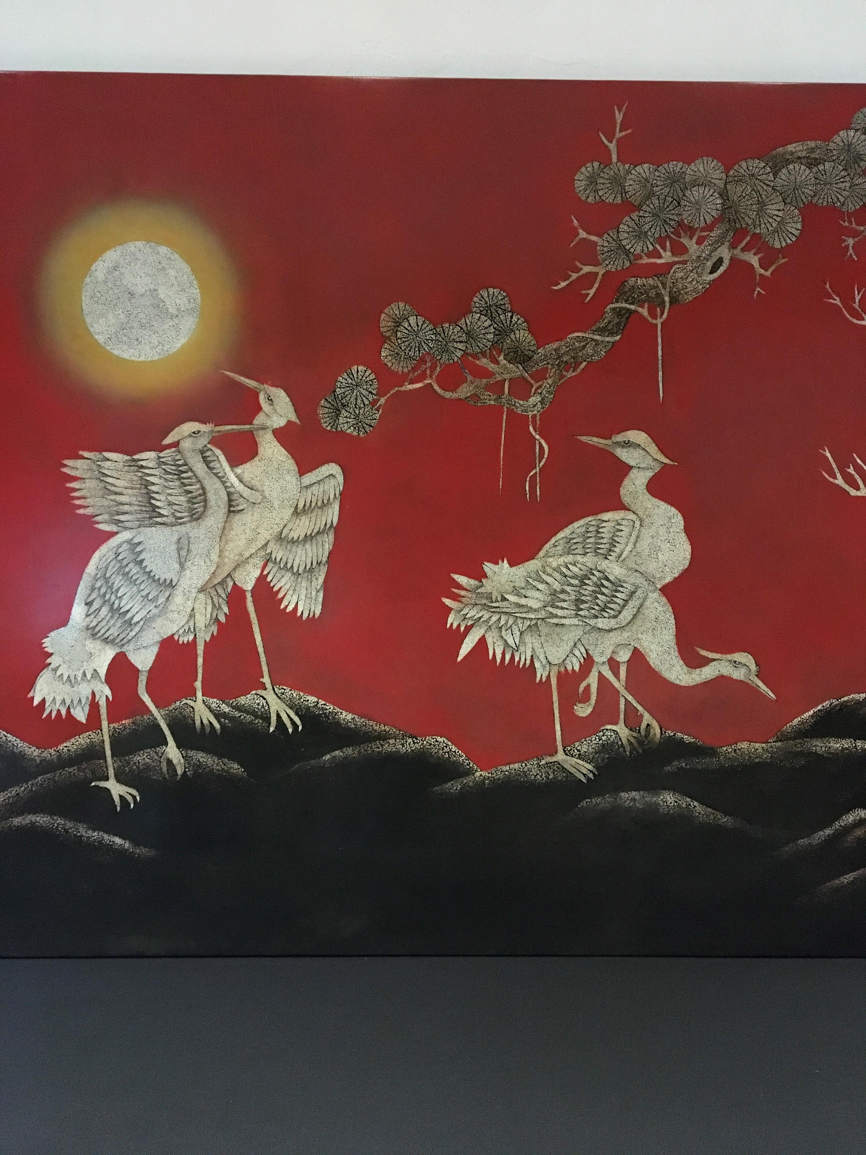 Large Asian Wall Panel with Cranes, 1990s 4