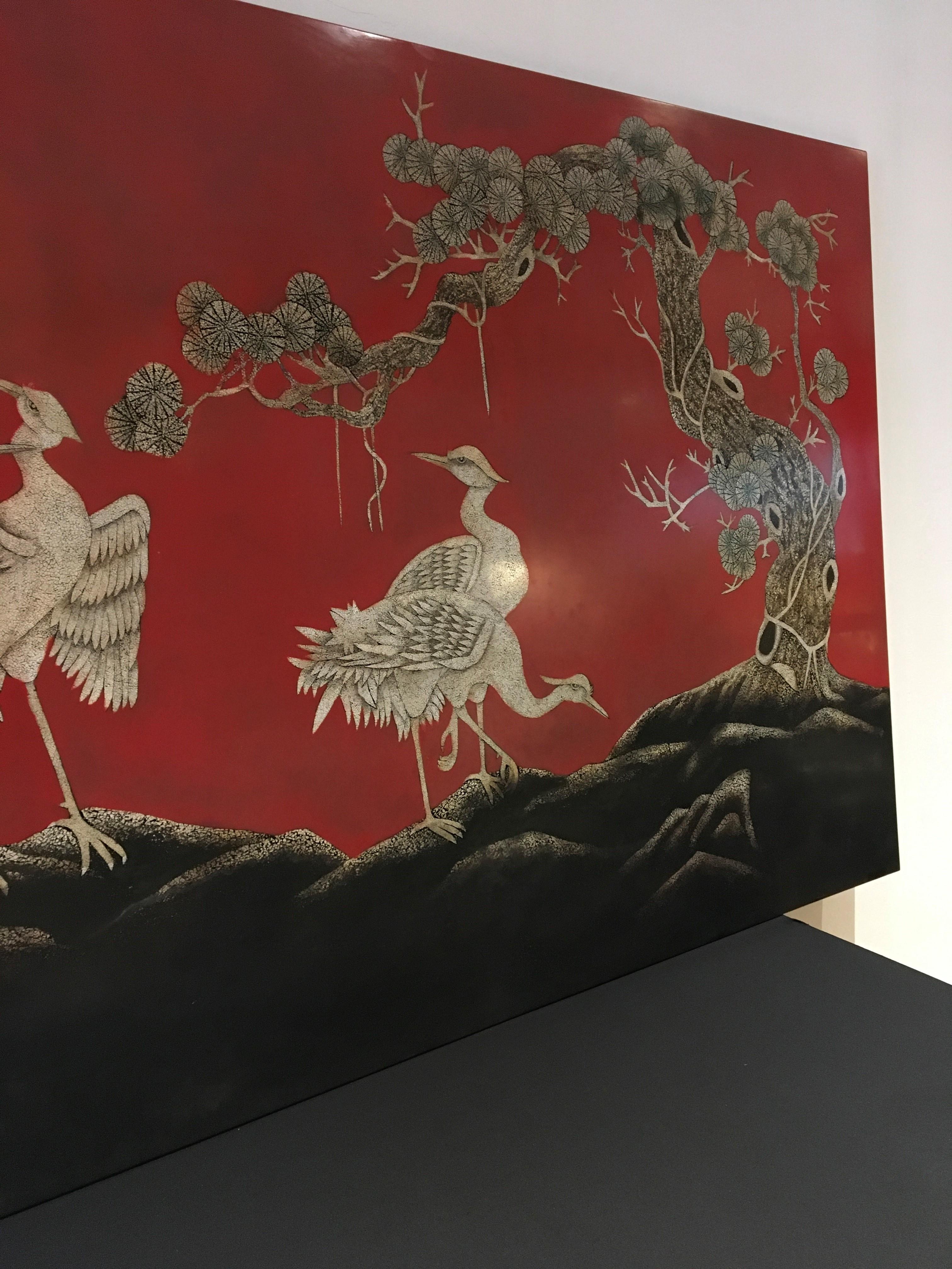 Large Asian Wall Panel with Cranes, 1990s 5