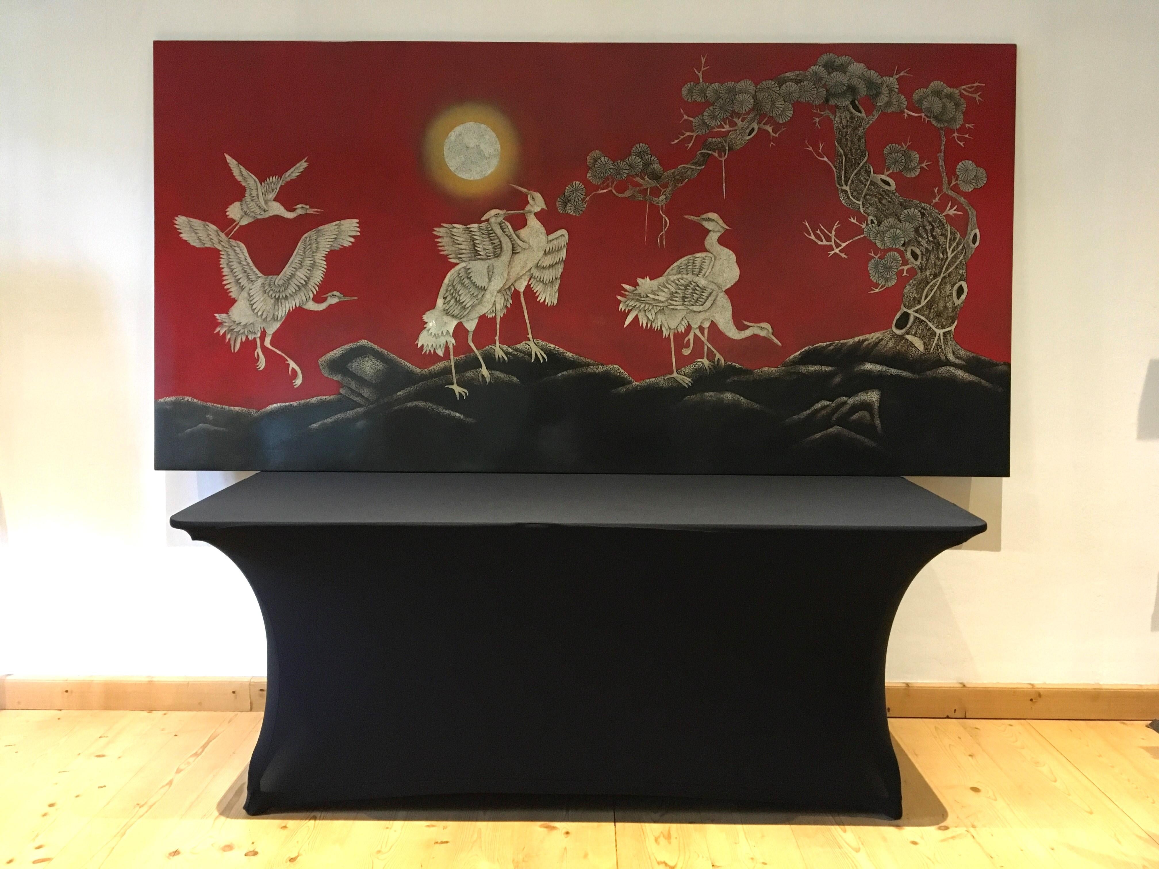 Large Asian Wall Panel with Cranes, 1990s 11