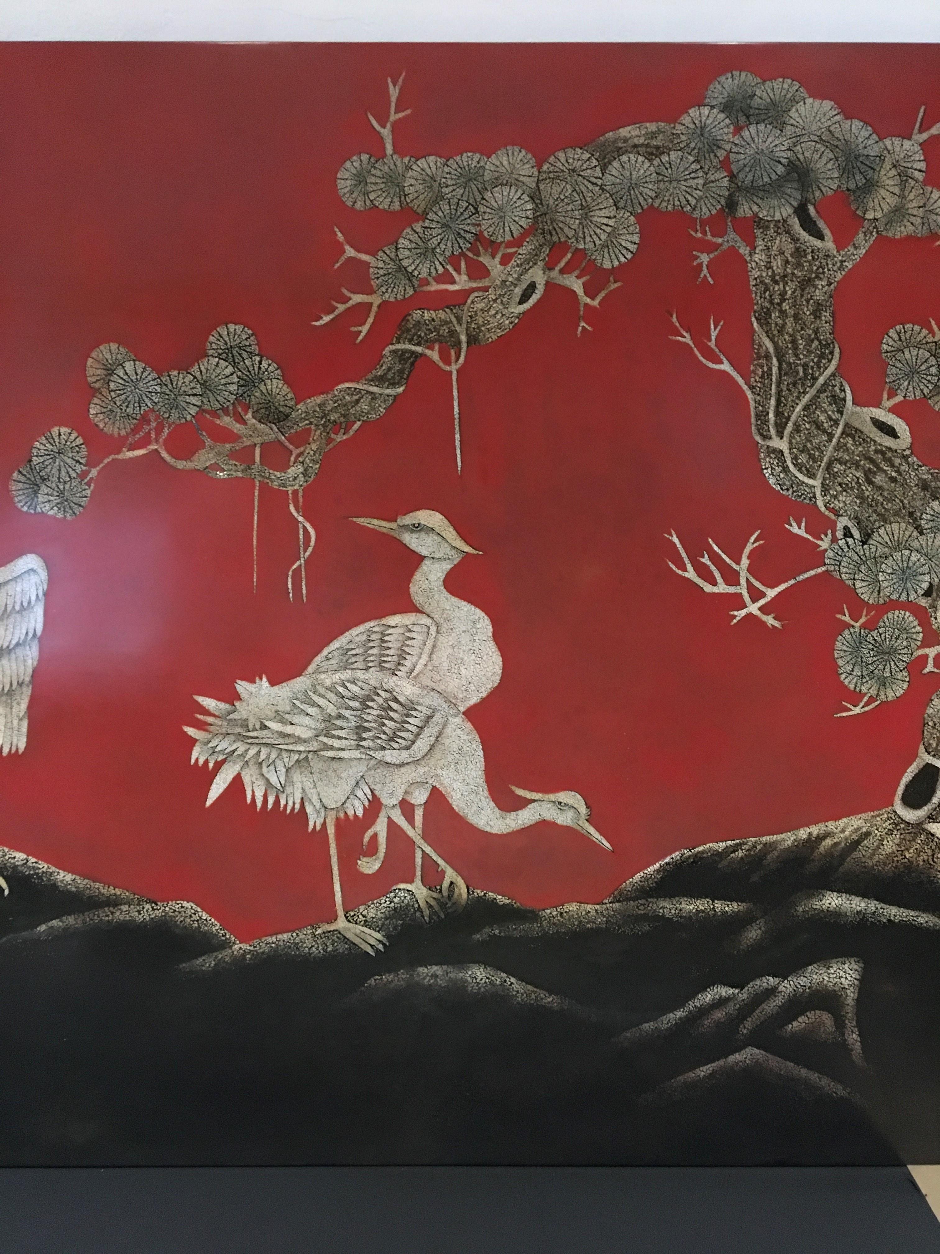 Large Asian Wall Panel with Cranes, 1990s In Good Condition In Retie, BE