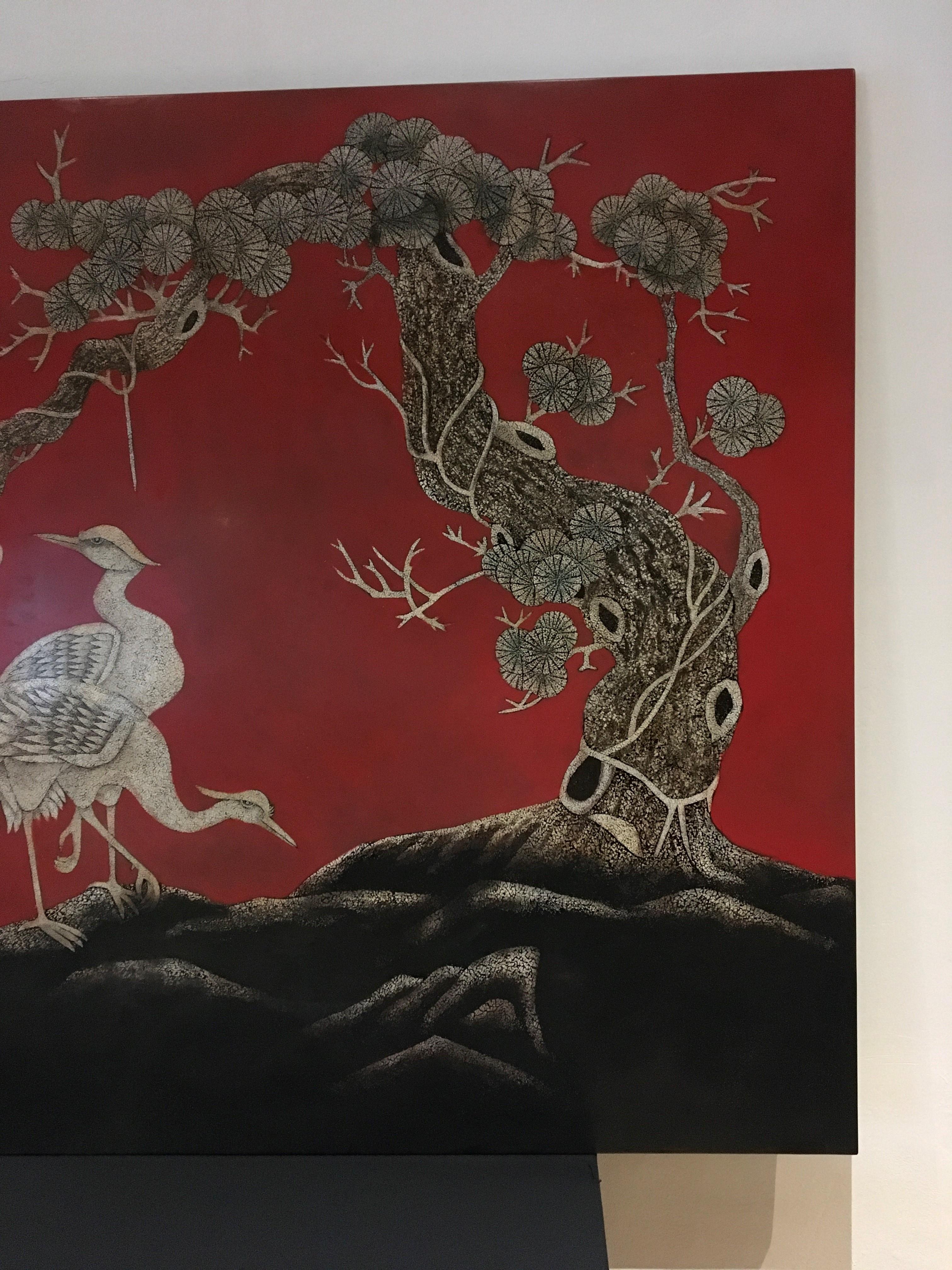 20th Century Large Asian Wall Panel with Cranes, 1990s