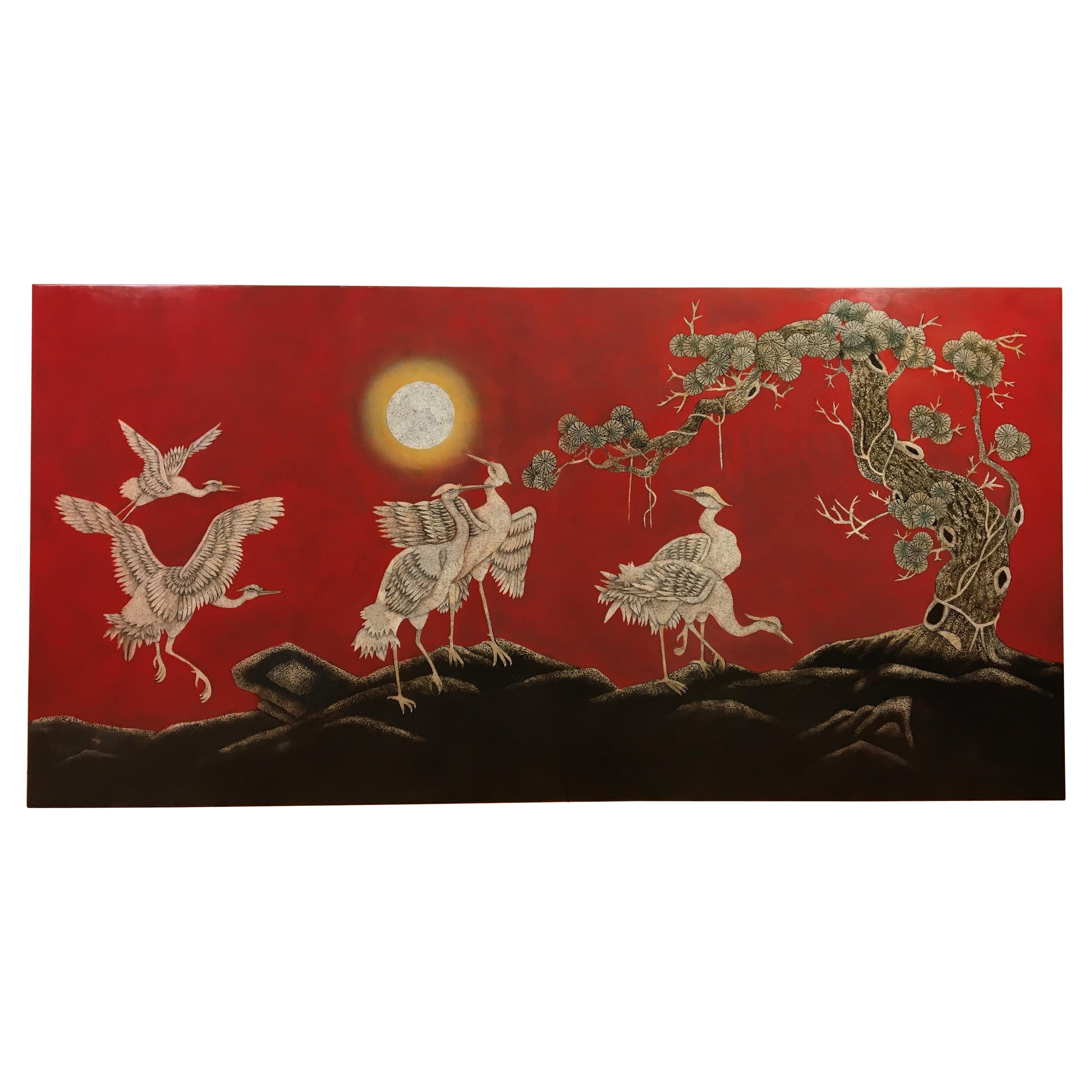 Large Asian Wall Panel with Cranes, 1990s