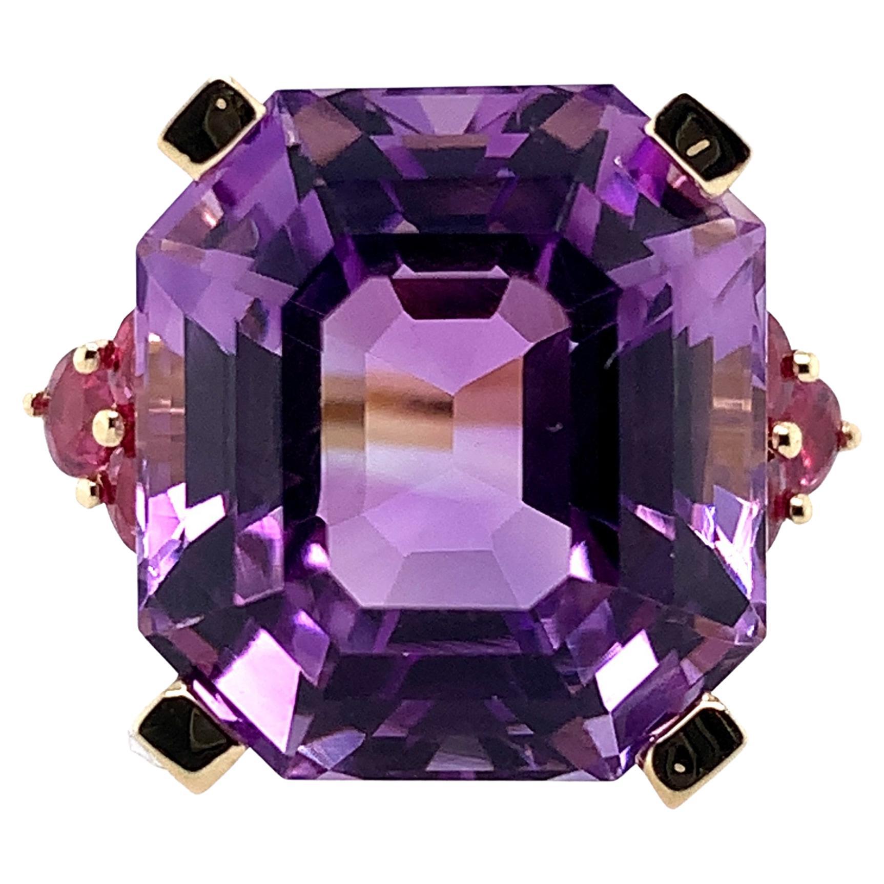 Large Asscher 20 carat Amethyst & Ruby Ring For Sale