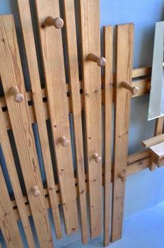 Large Asymmetric Pine Wall Coat rack with integrated Mirror, France, 1960s