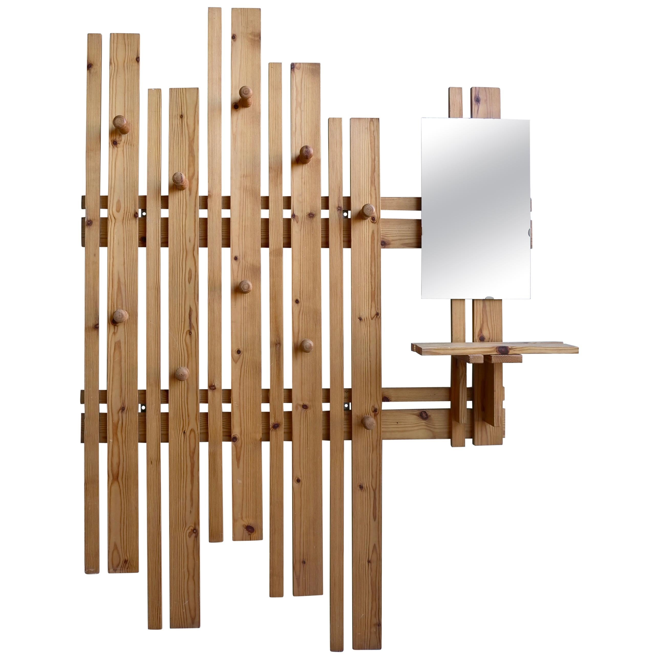 Large Asymmetric Pine Wall Coat rack with integrated Mirror, France, 1960s For Sale