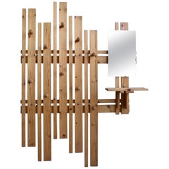 Retro Large Asymmetric Pine Wall Coat rack with integrated Mirror, France, 1960s