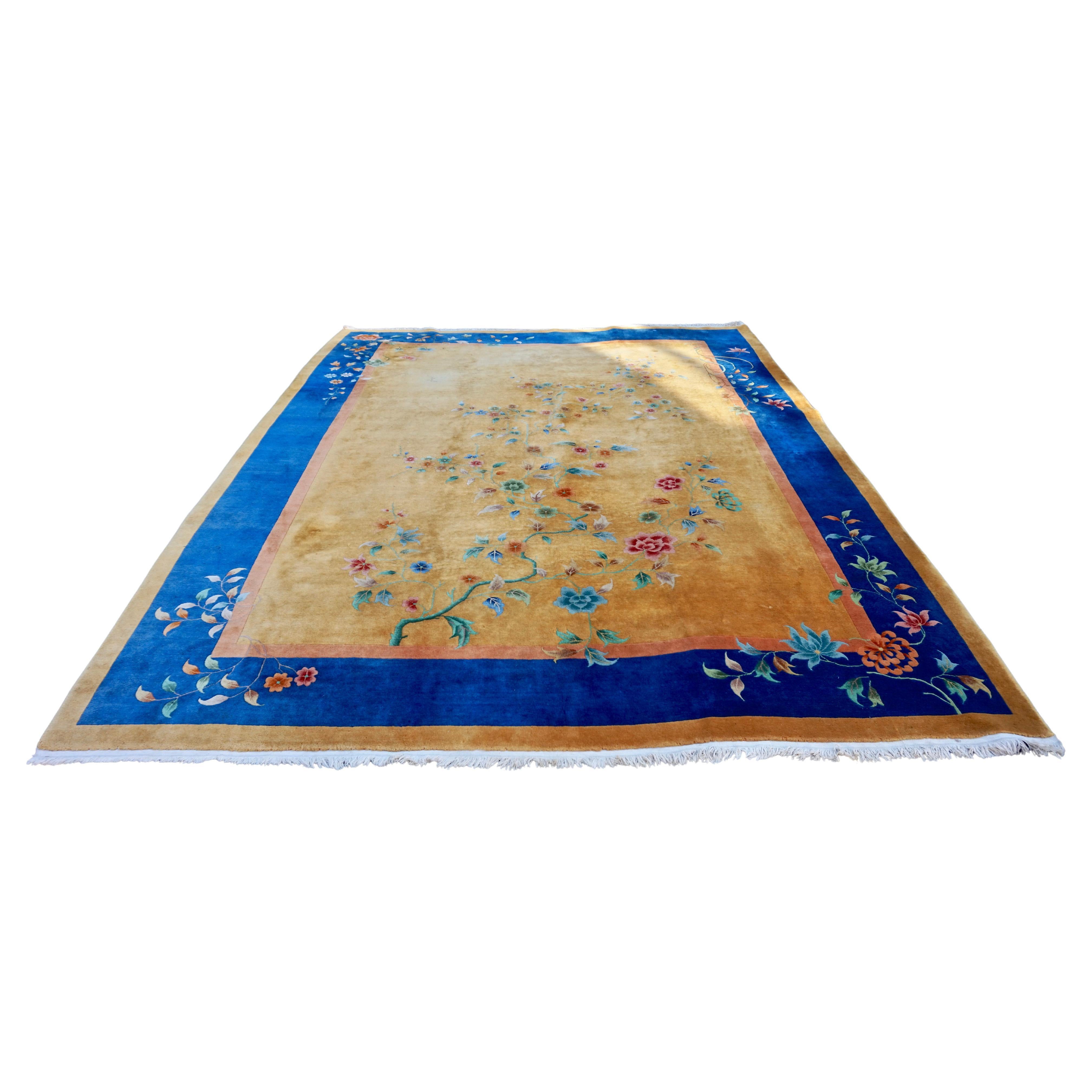 Large Asymmetrical Art Deco Chinese Ochre Hand-knotted Wool Rug For Sale