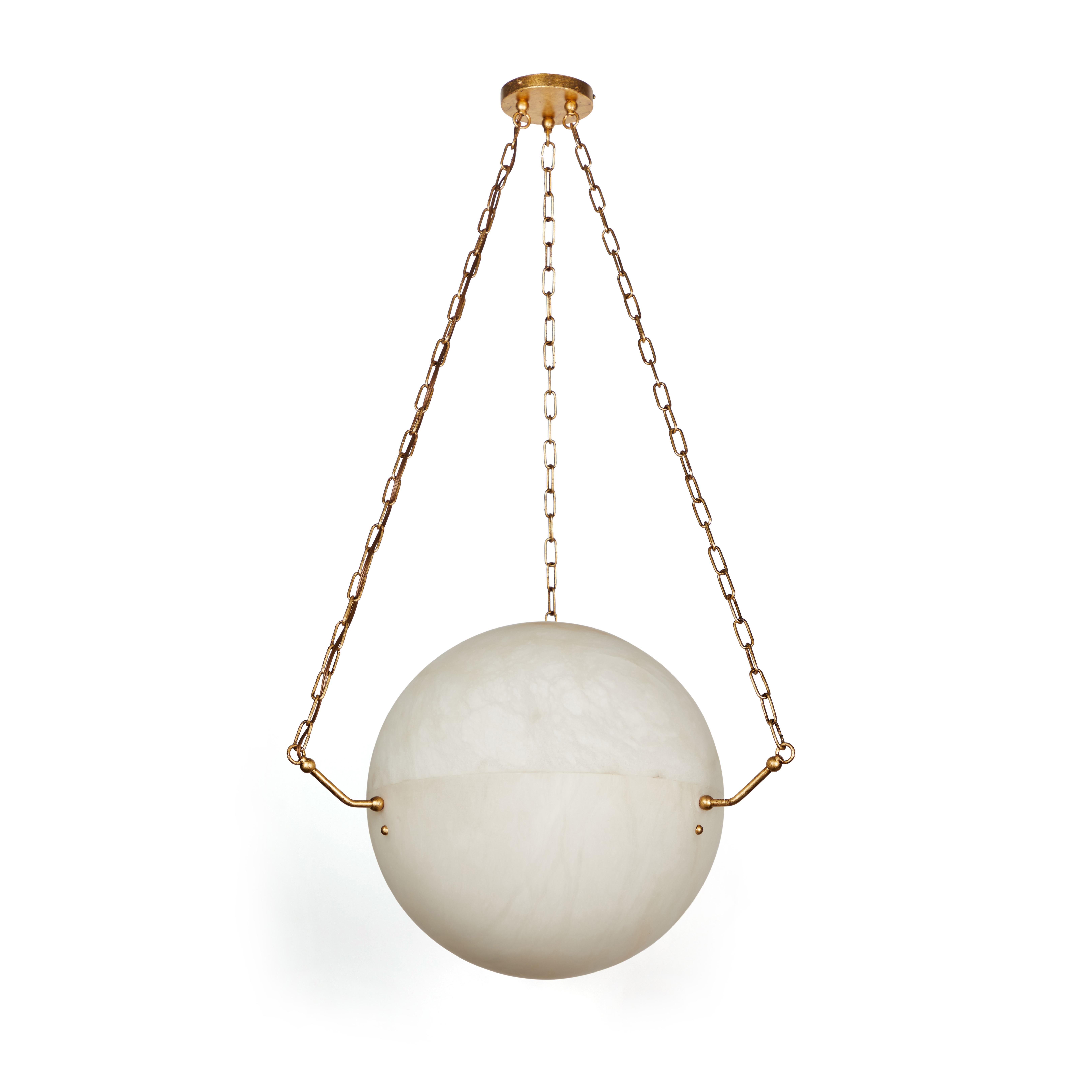 Metal 'Atlas' Alabaster Suspension Lamp in the Manner of Pierre Chareau