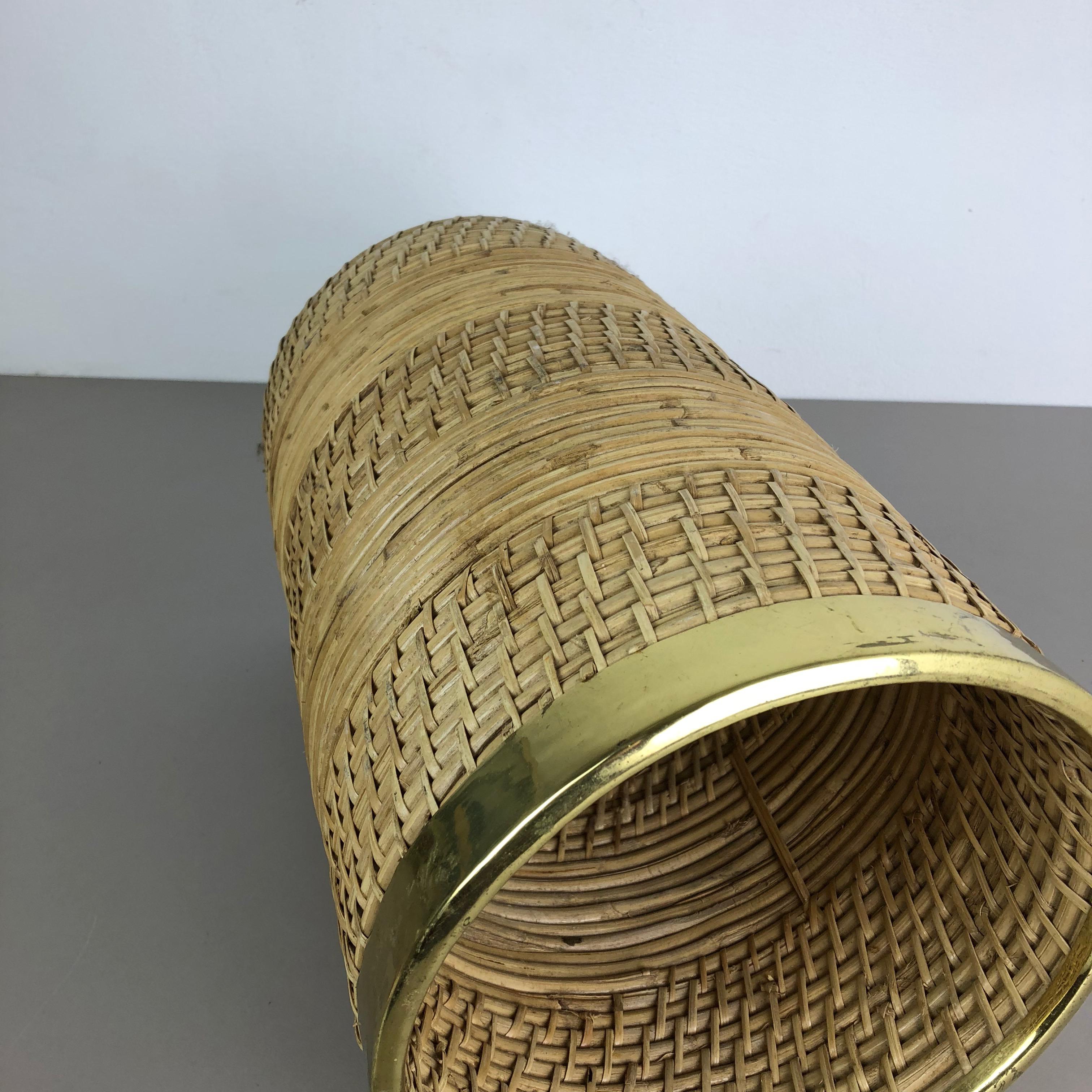 Large Midcentury Rattan Brass Bauhaus umbrella stand, France 1960s 7