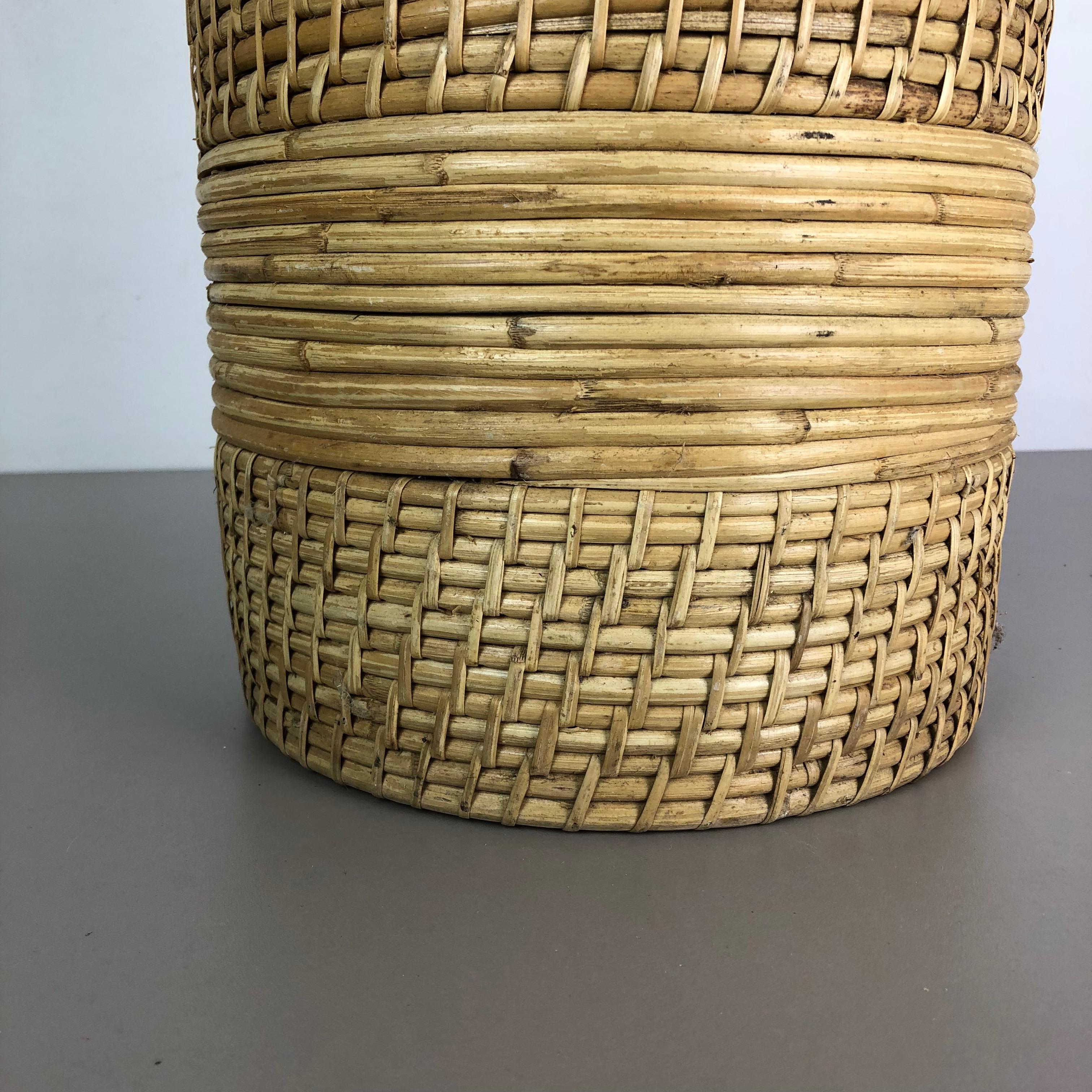 French Large Midcentury Rattan Brass Bauhaus umbrella stand, France 1960s