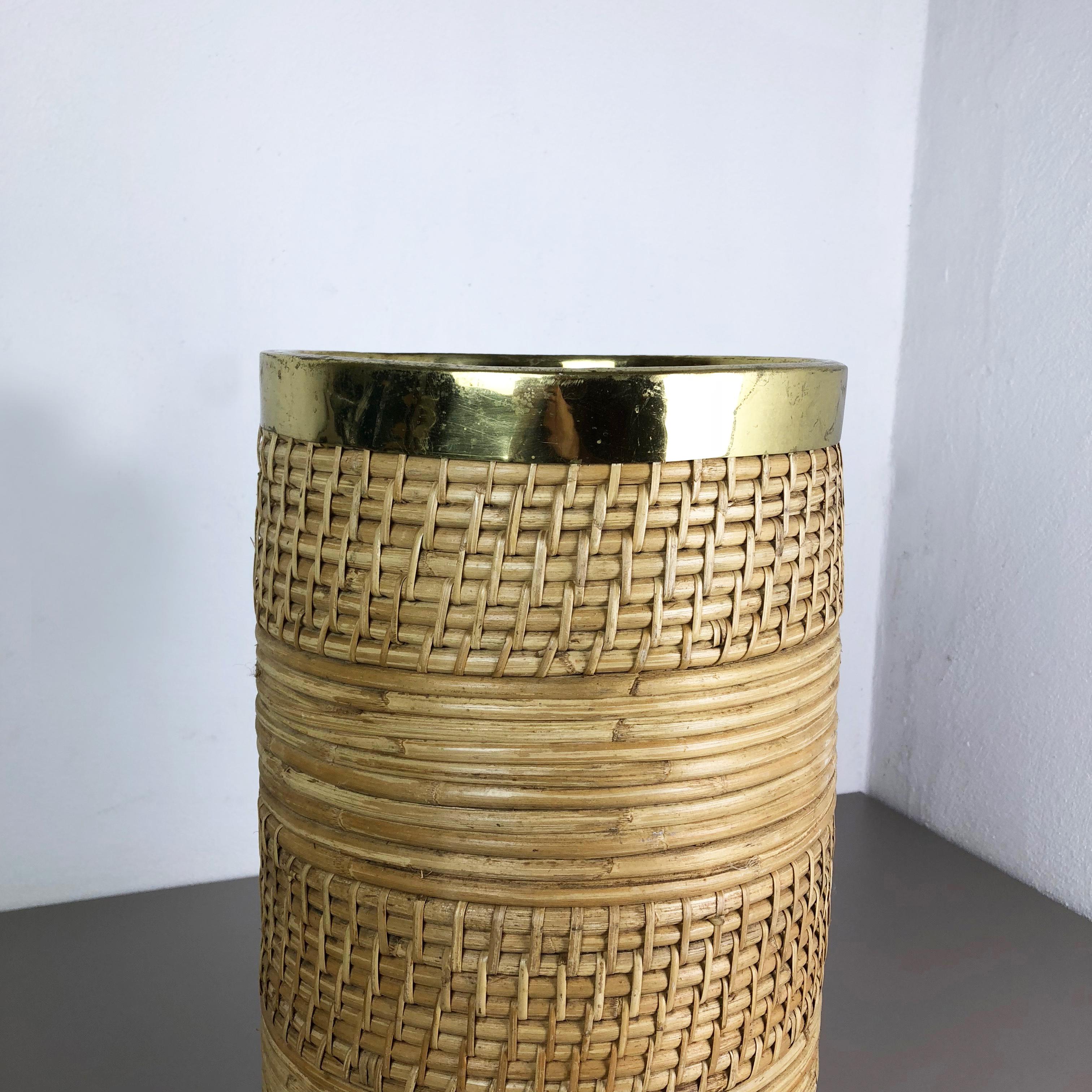 Large Midcentury Rattan Brass Bauhaus umbrella stand, France 1960s 2