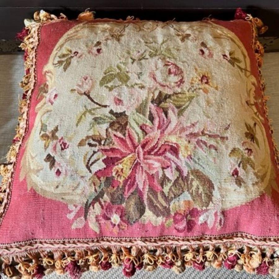 French Provincial Large Aubusson Floral Pillow with Tassel Fringe