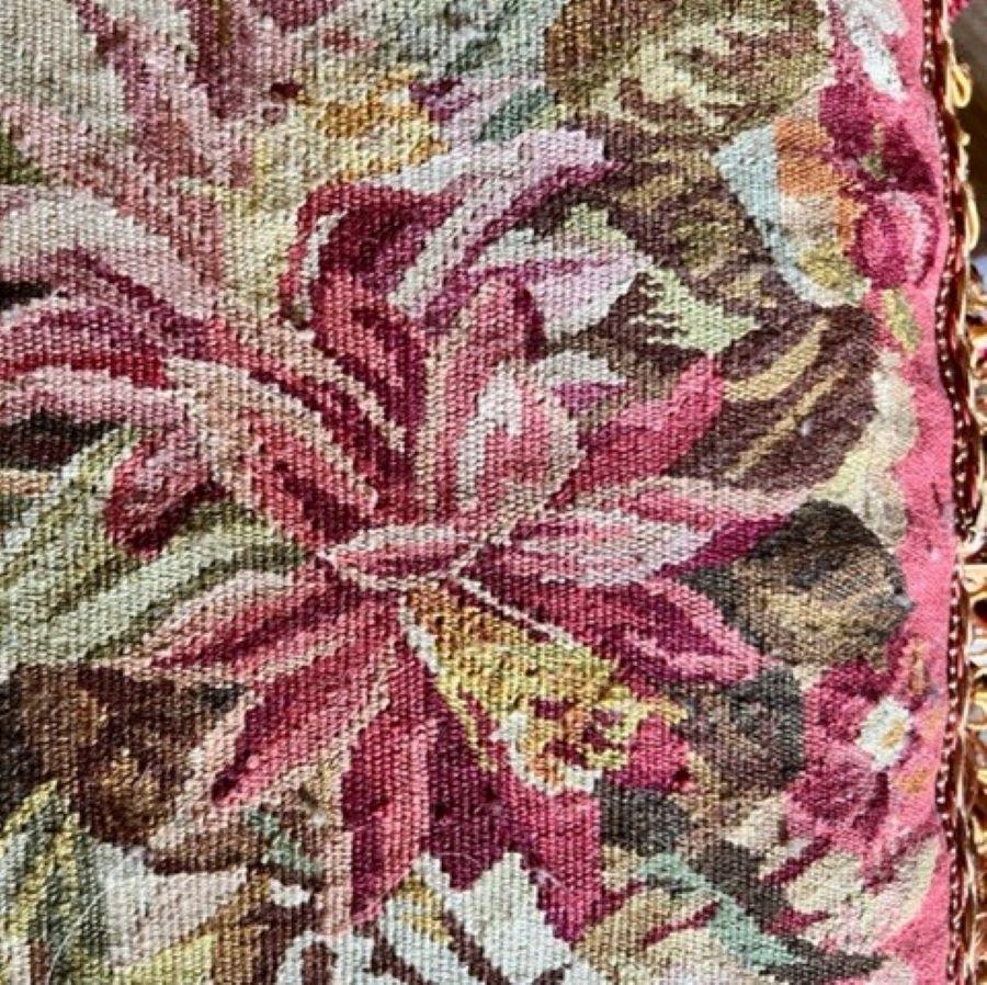 Woven Large Aubusson Floral Pillow with Tassel Fringe