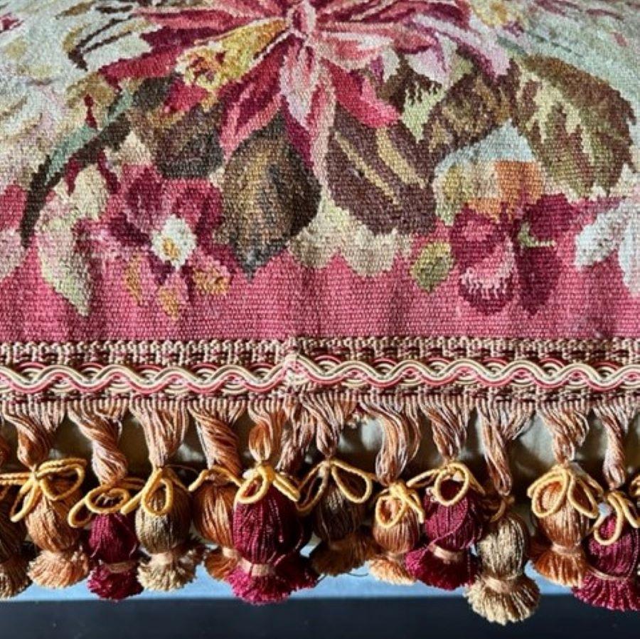 Large Aubusson Floral Pillow with Tassel Fringe In Good Condition In Morristown, NJ