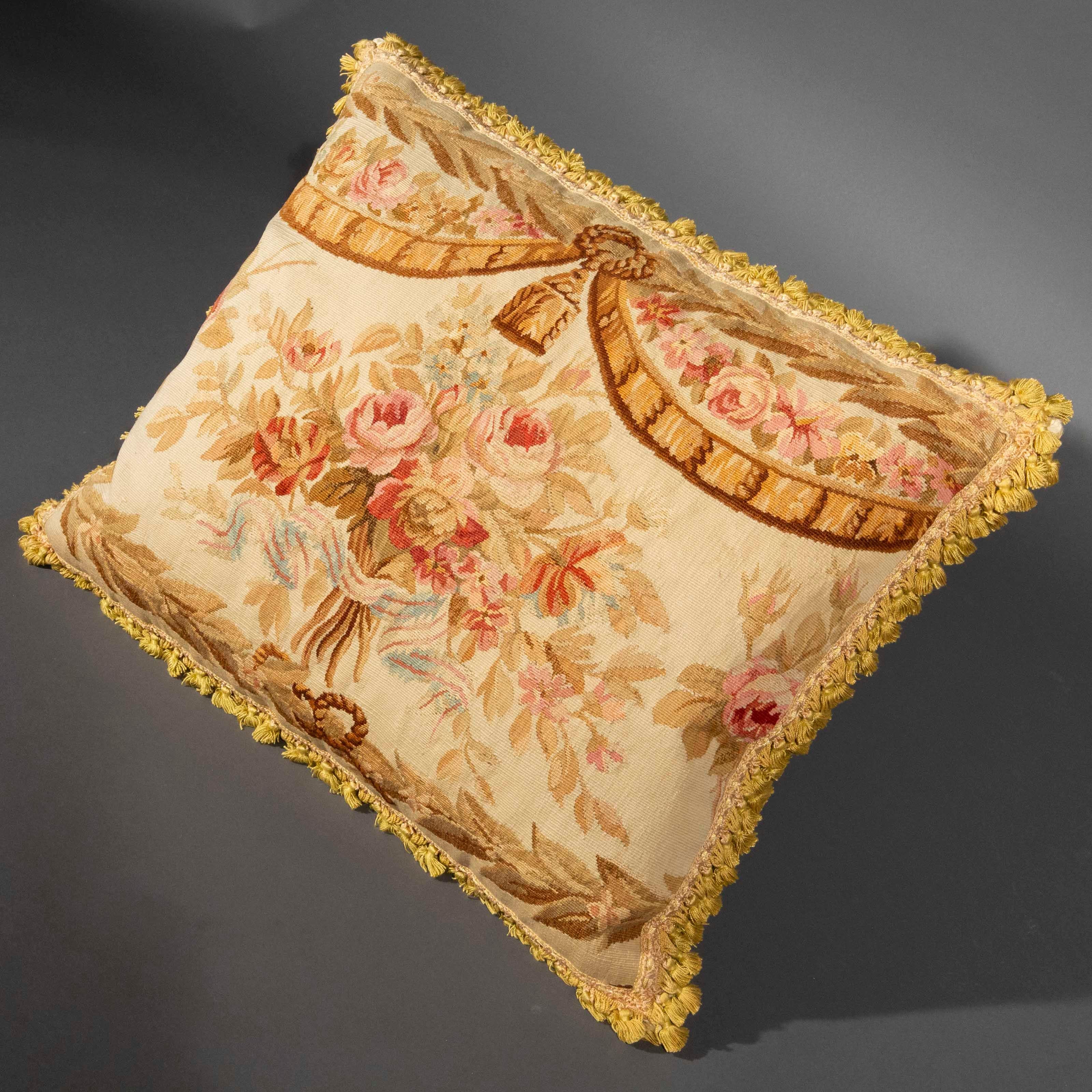 French Large Aubusson Tapestry Pillow or Cushion, 18th Century