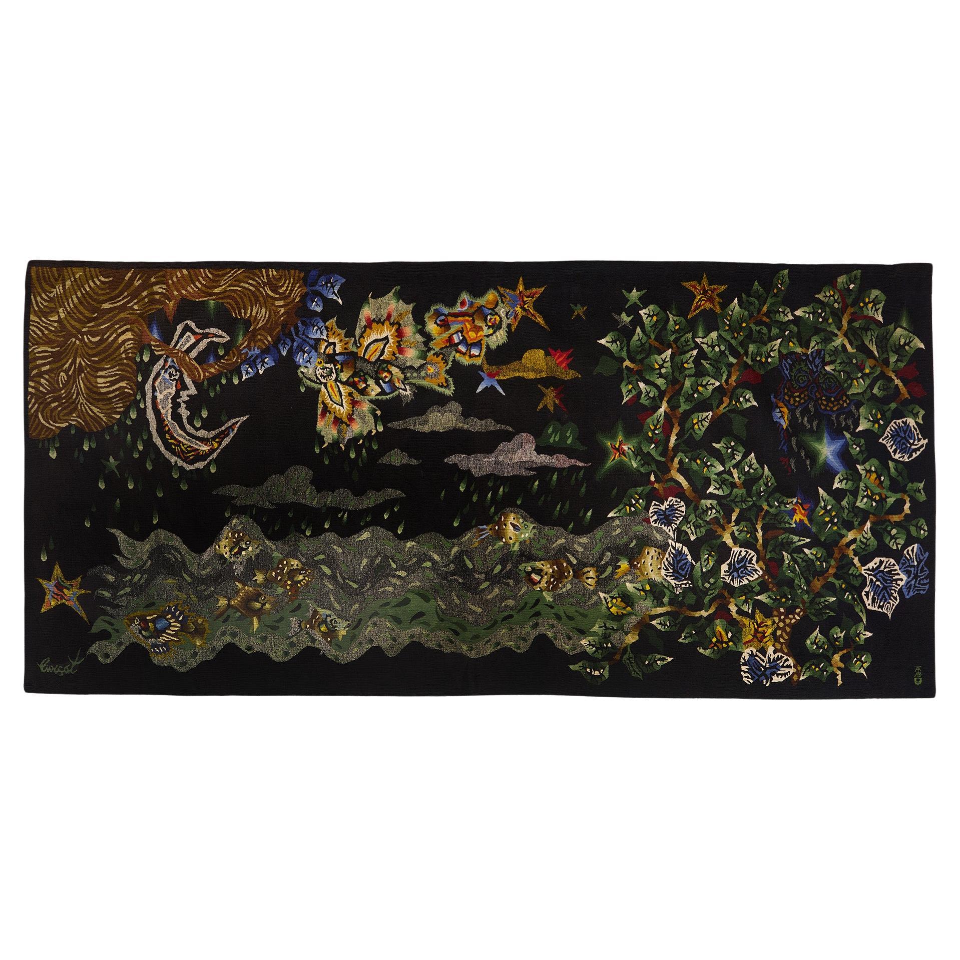Grande tapisserie en laine d'Aubusson "Poisson volant" de Jean Lurçat, Ed. Tabard 1950's