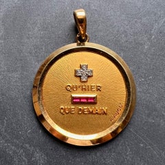 Large Augis French Plus Qu’hier Ruby Diamond 18K Yellow Gold Love Charm Pendant