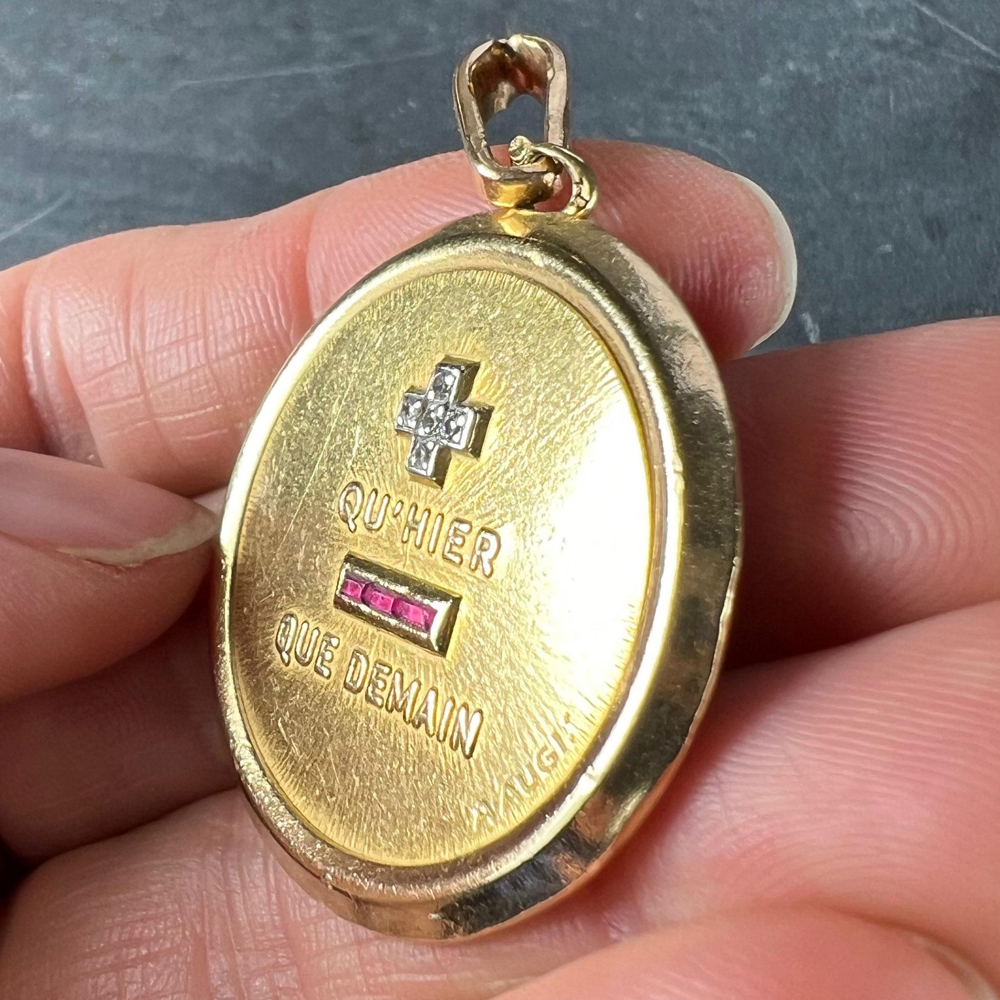 Large Augis French Plus Qu’Hier Ruby Diamond 18K Yellow Gold Love Charm Pendant In Good Condition For Sale In London, GB