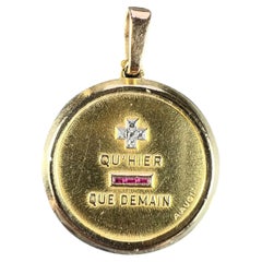 Vintage Large Augis French Plus Qu’Hier Ruby Diamond 18K Yellow Gold Love Charm Pendant