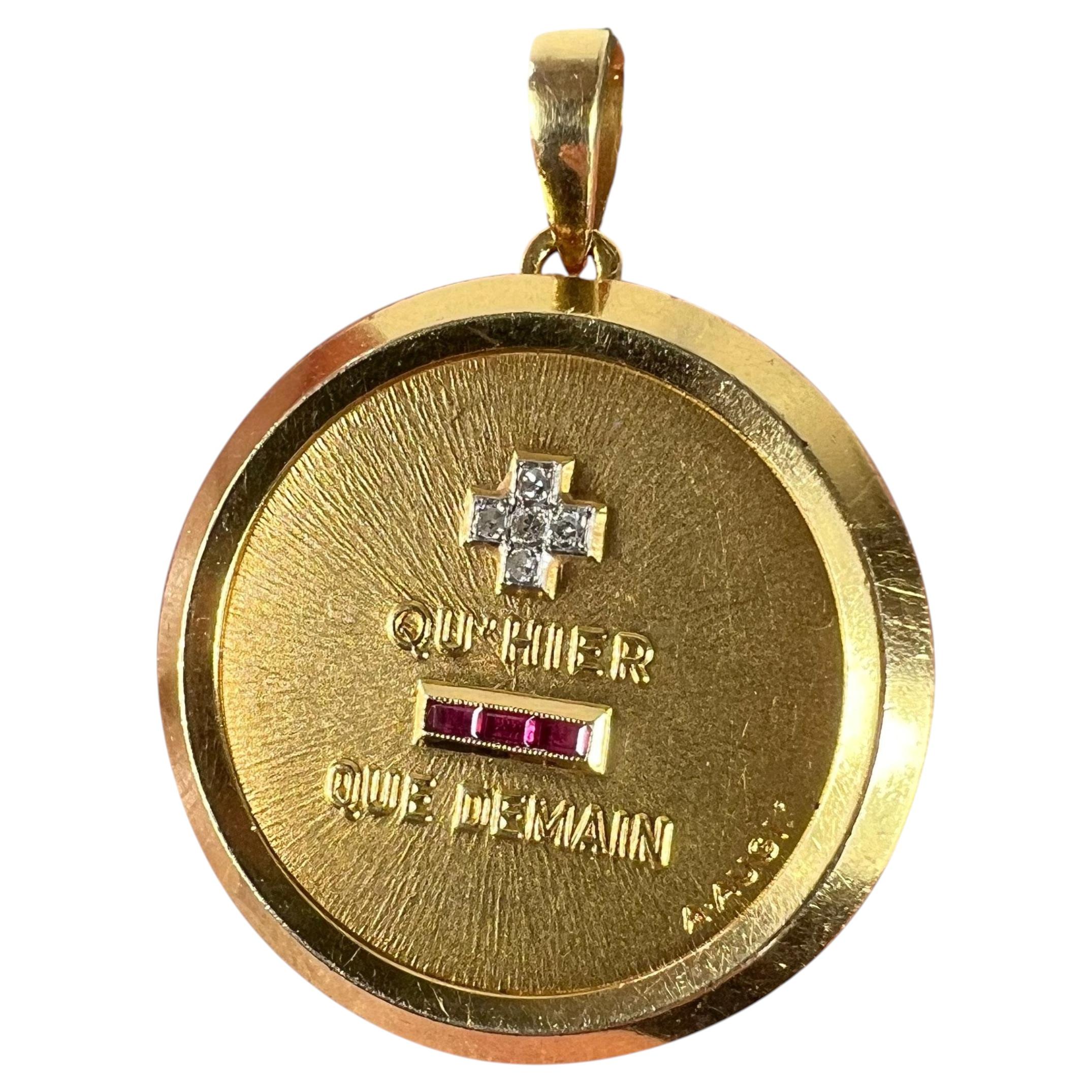 Large Augis French Plus Qu’Hier Ruby Diamond 18K Yellow Gold Love Charm Pendant