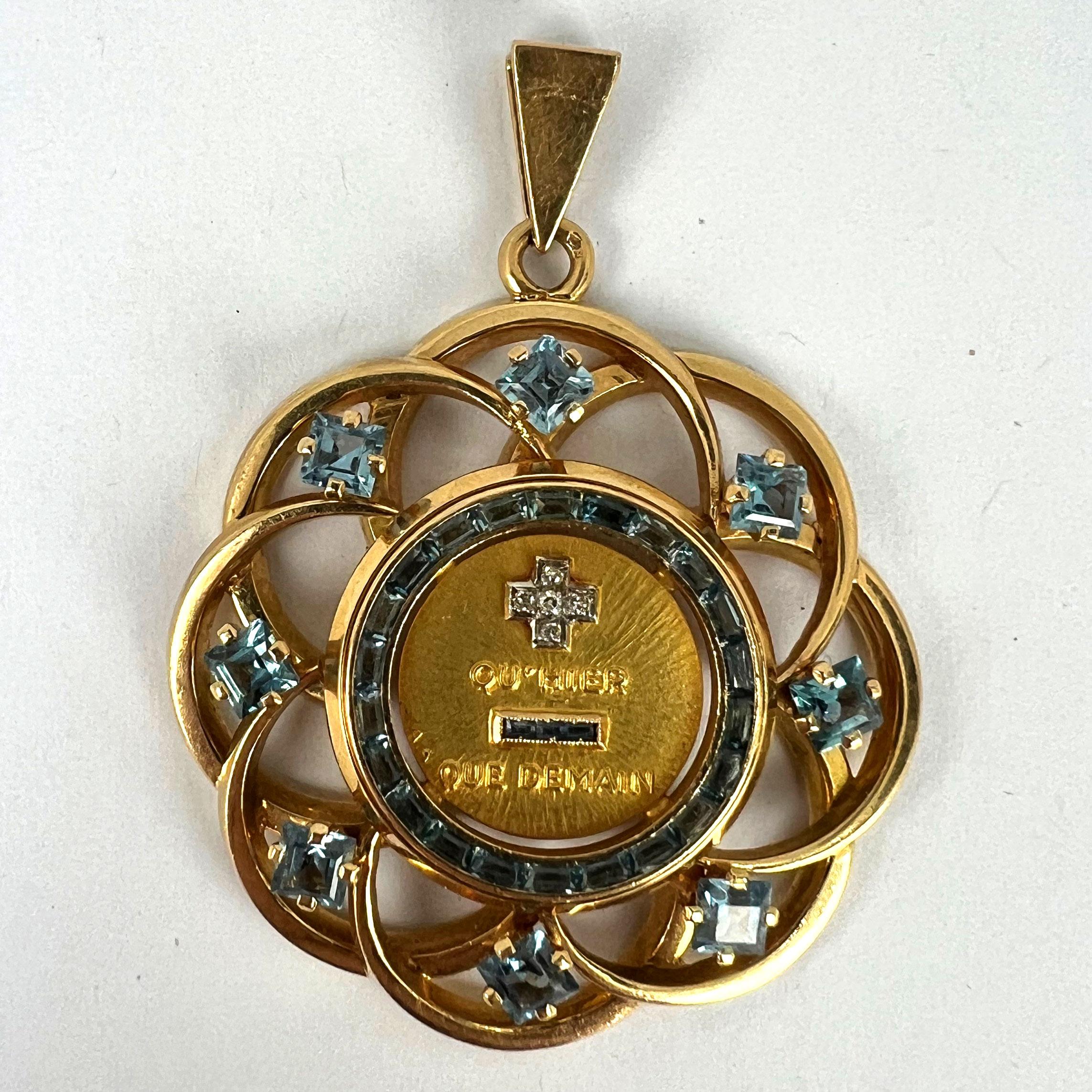 Large Augis More Than Yesterday Diamond Blue Spinel 18K Gold Love Medal Pendant For Sale 7