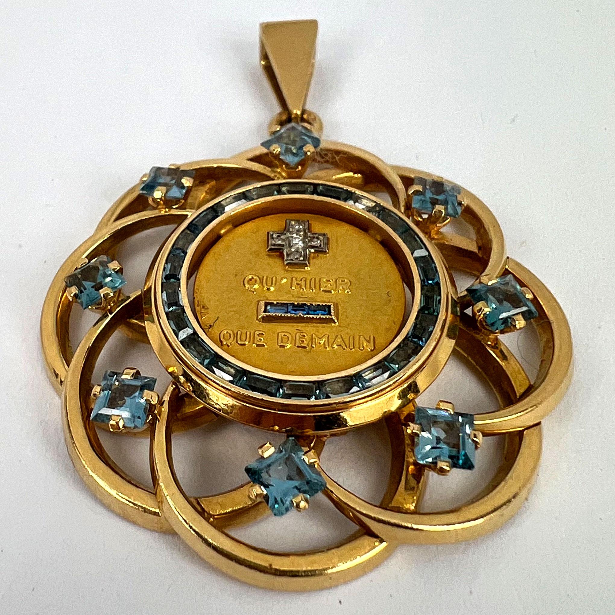 Large Augis More Than Yesterday Diamond Blue Spinel 18K Gold Love Medal Pendant For Sale 8