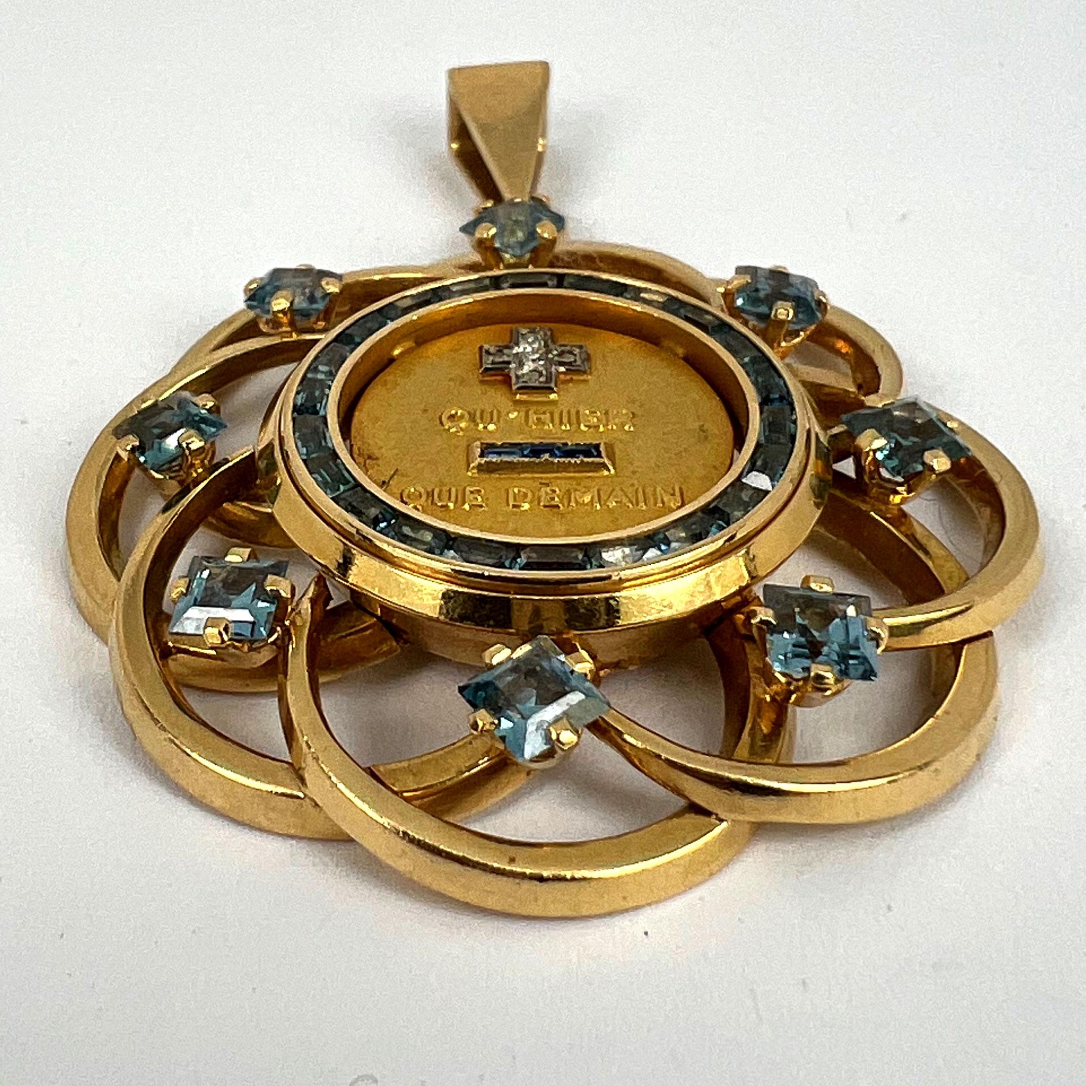 Large Augis More Than Yesterday Diamond Blue Spinel 18K Gold Love Medal Pendant For Sale 9