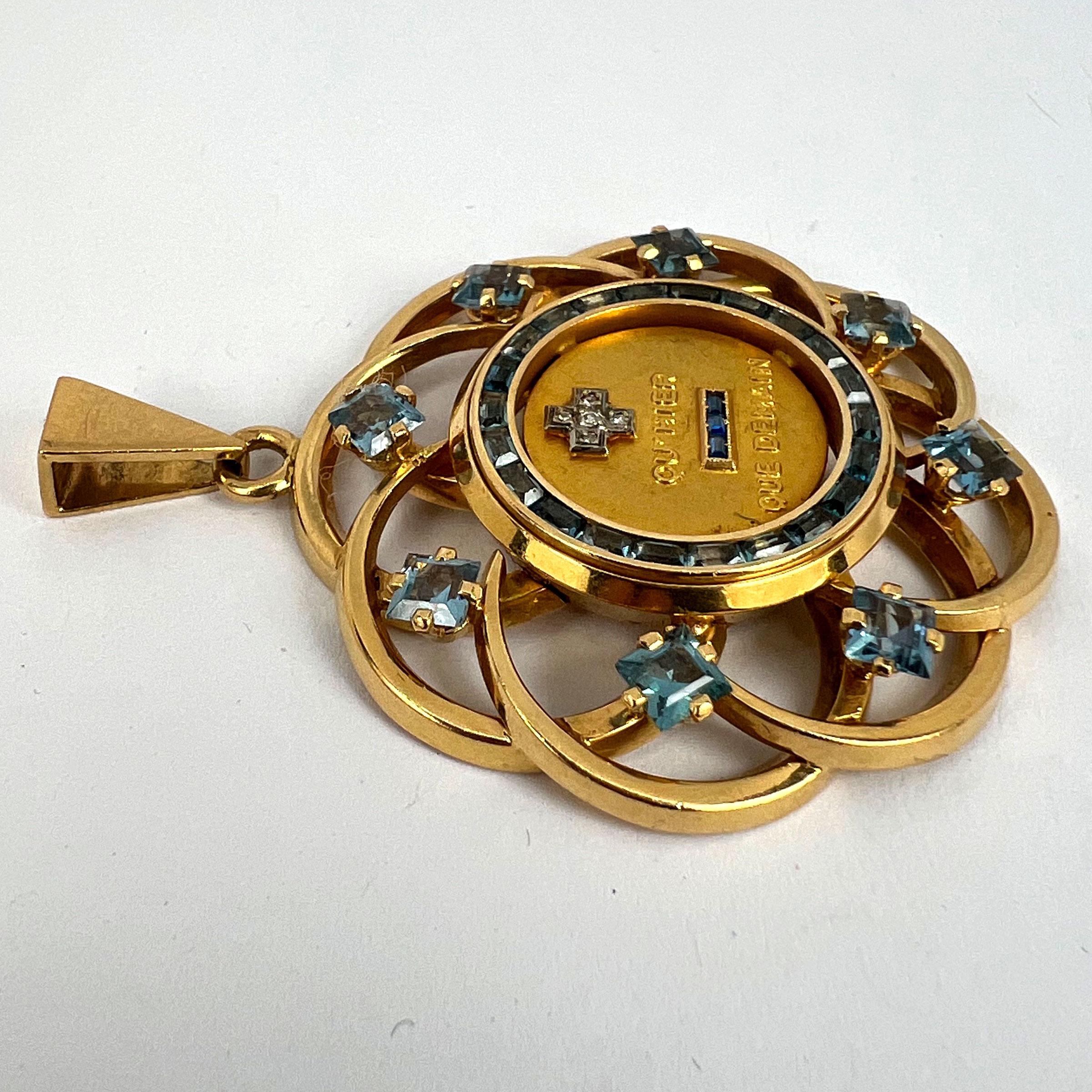Large Augis More Than Yesterday Diamond Blue Spinel 18K Gold Love Medal Pendant For Sale 10