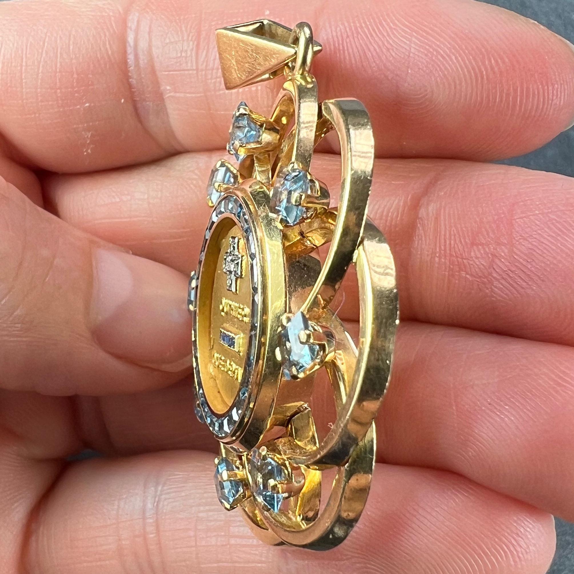Large Augis More Than Yesterday Diamond Blue Spinel 18K Gold Love Medal Pendant For Sale 3