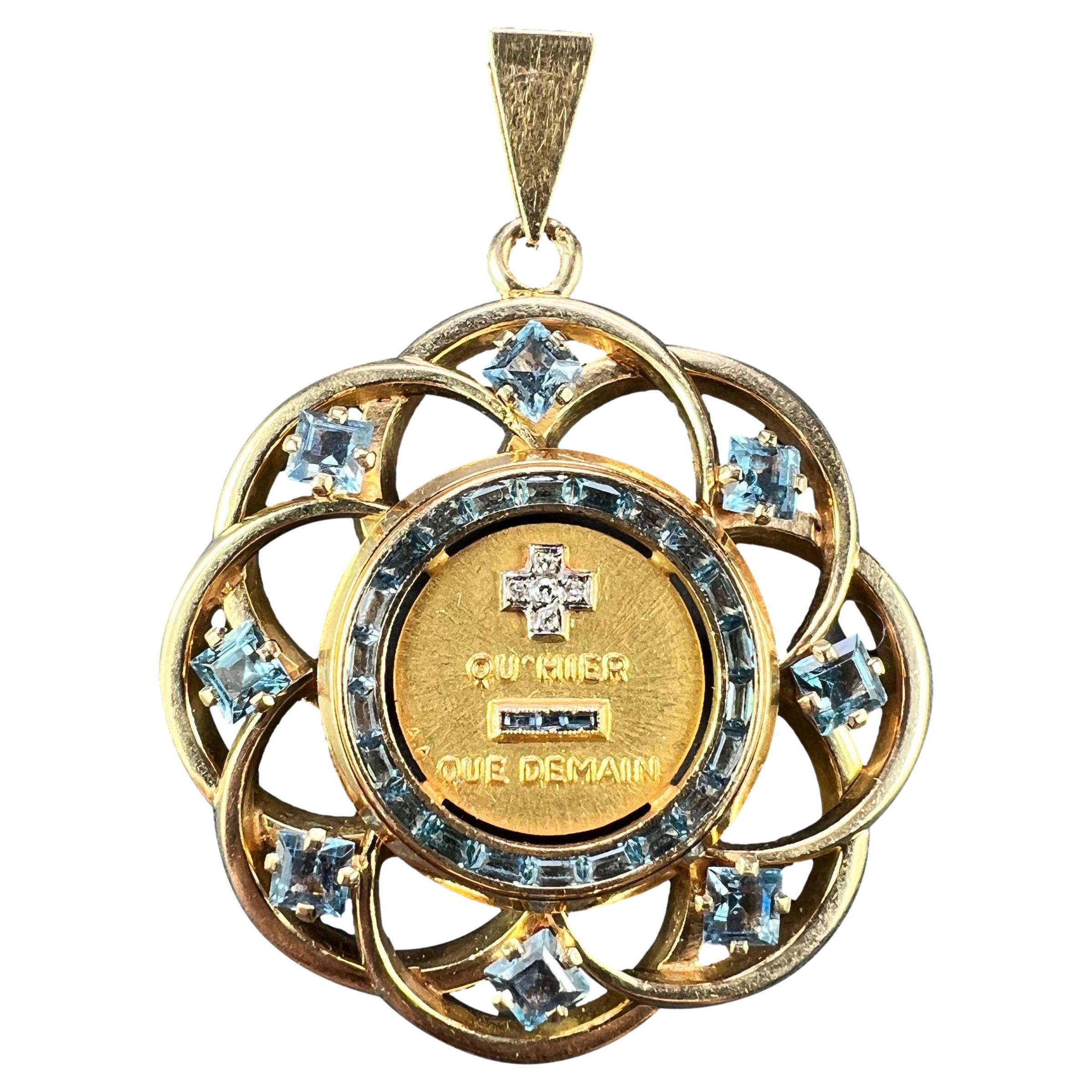 Large Augis More Than Yesterday Diamond Blue Spinel 18K Gold Love Medal Pendant For Sale
