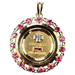 Large Augis Plus Qu’Hier Ruby Halo 18K Yellow Gold Love Medal Pendant